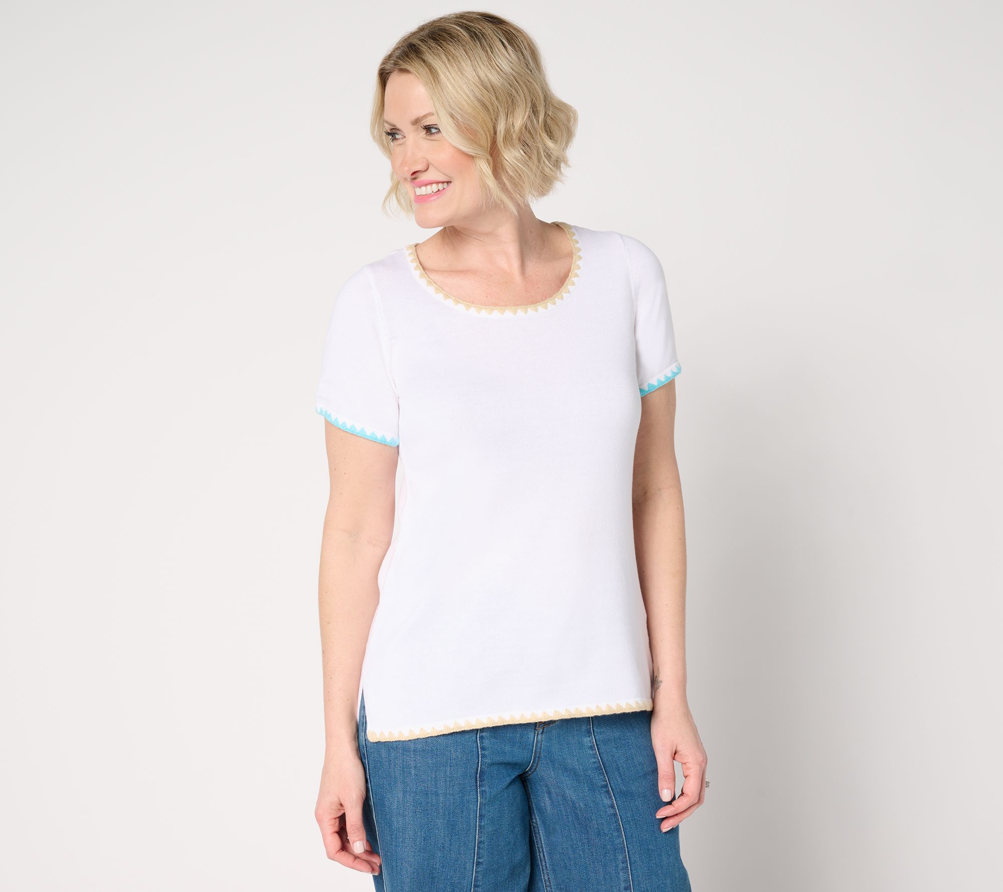 "As Is" Belle by Kim Gravel Two Color Crochet Trim Sweater