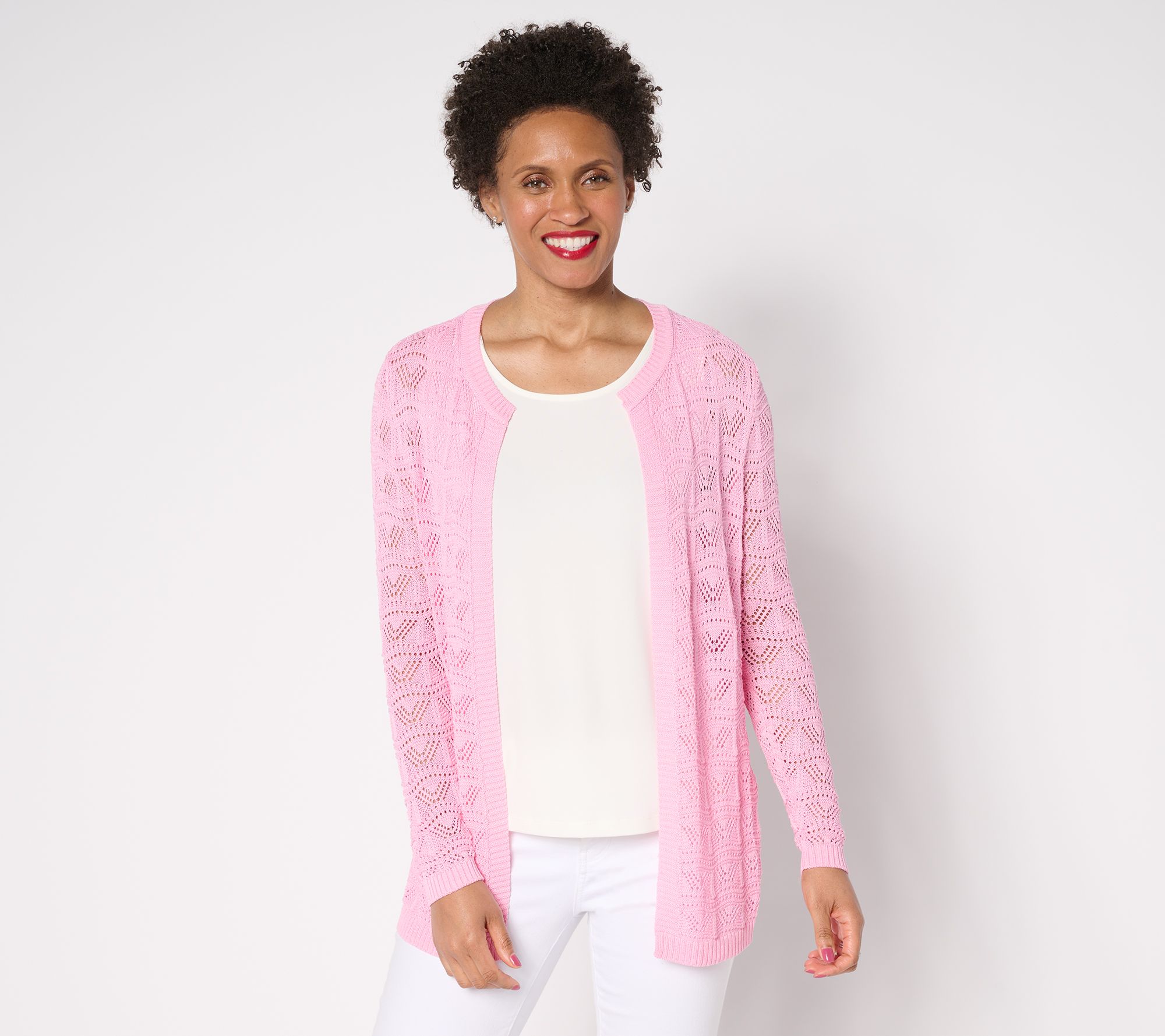 "As Is" Susan Graver Pointelle Stitch Open Front Cardigan