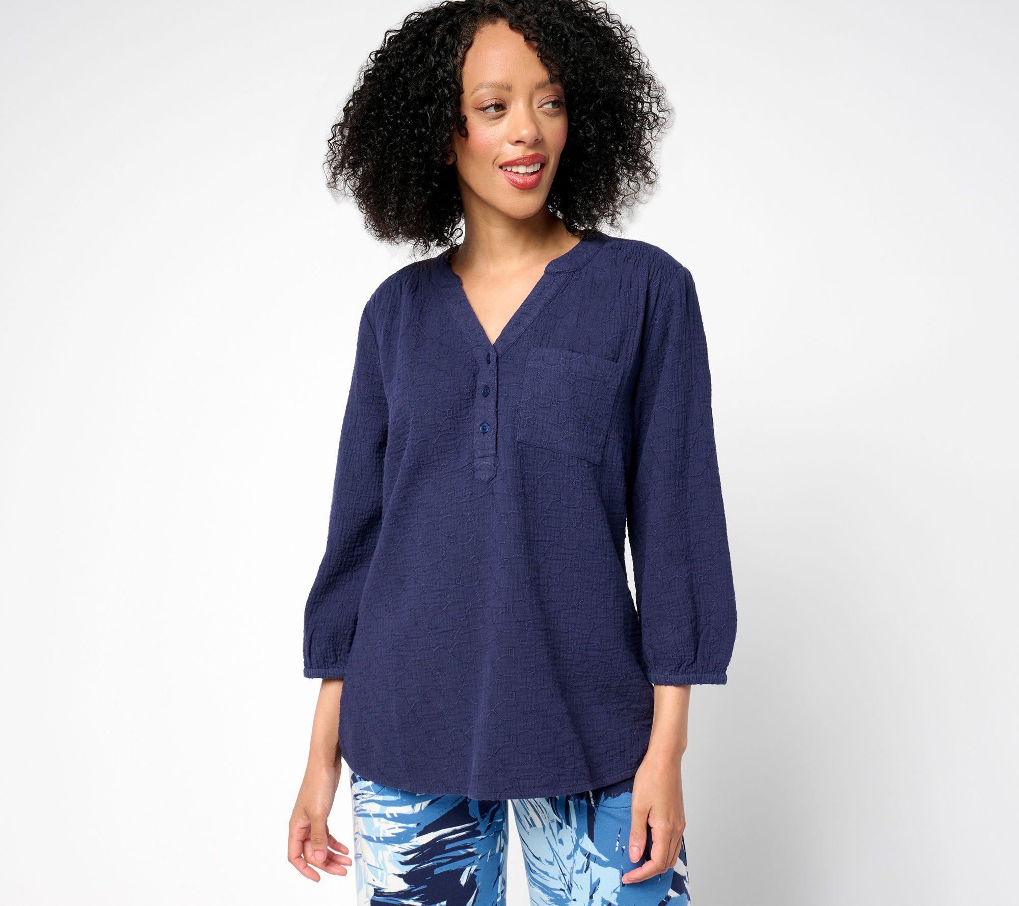 "As Is" Denim & Co. Beach 100% Cotton Gauze Y-Neck Top