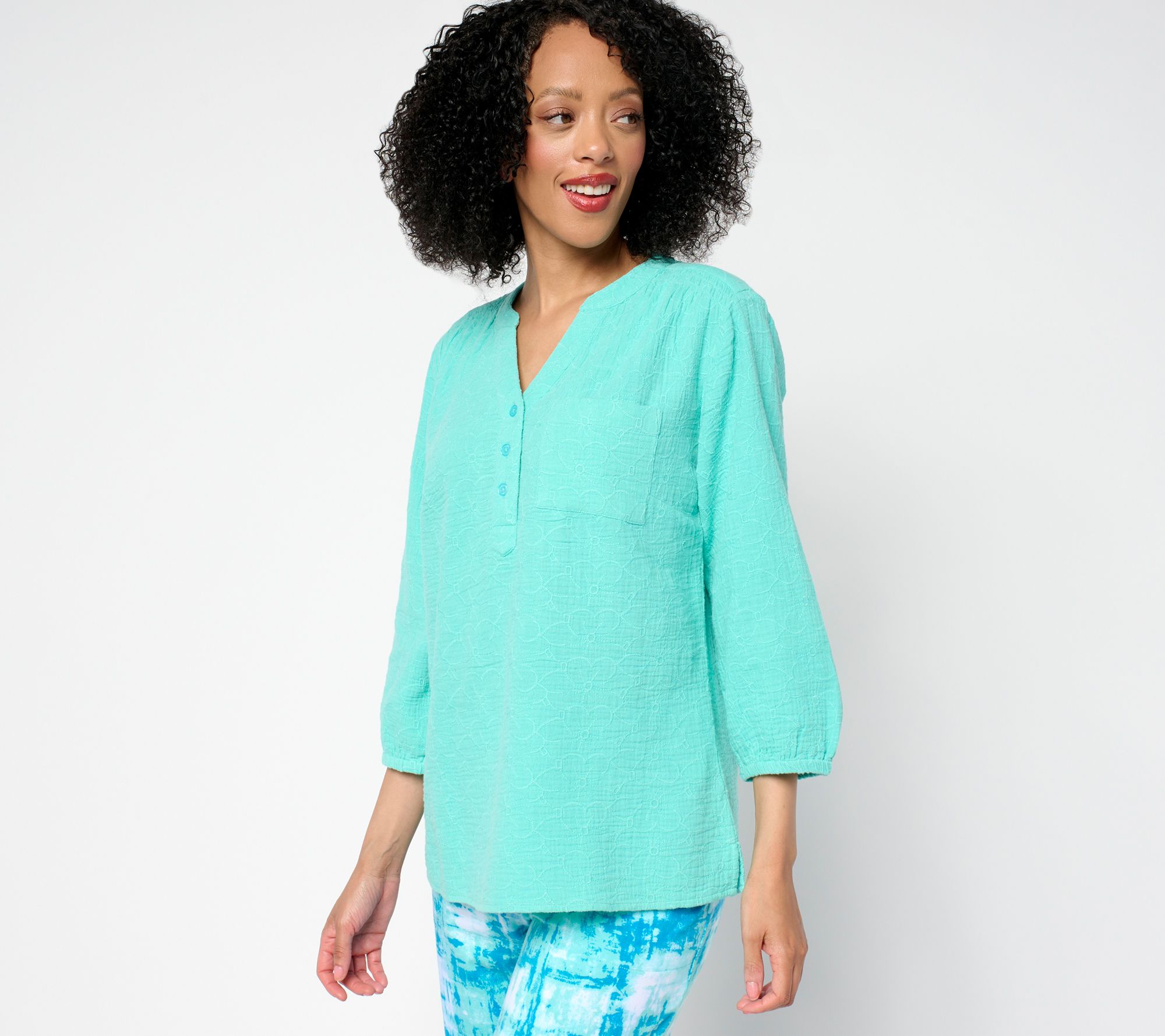 "As Is" Denim & Co. Beach 100% Cotton Gauze Y-Neck Top