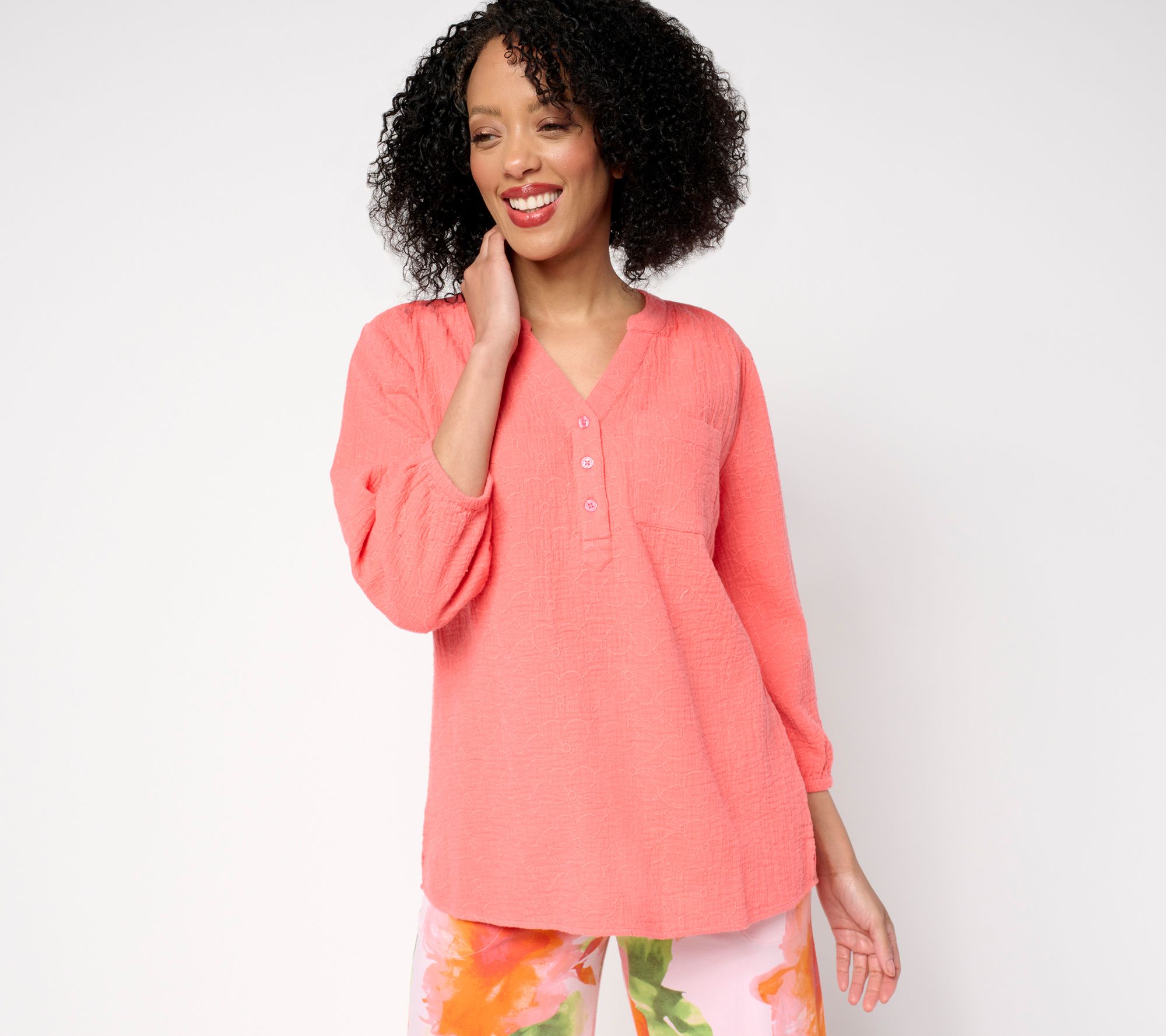 "As Is" Denim & Co. Beach 100% Cotton Gauze Y-Neck Top