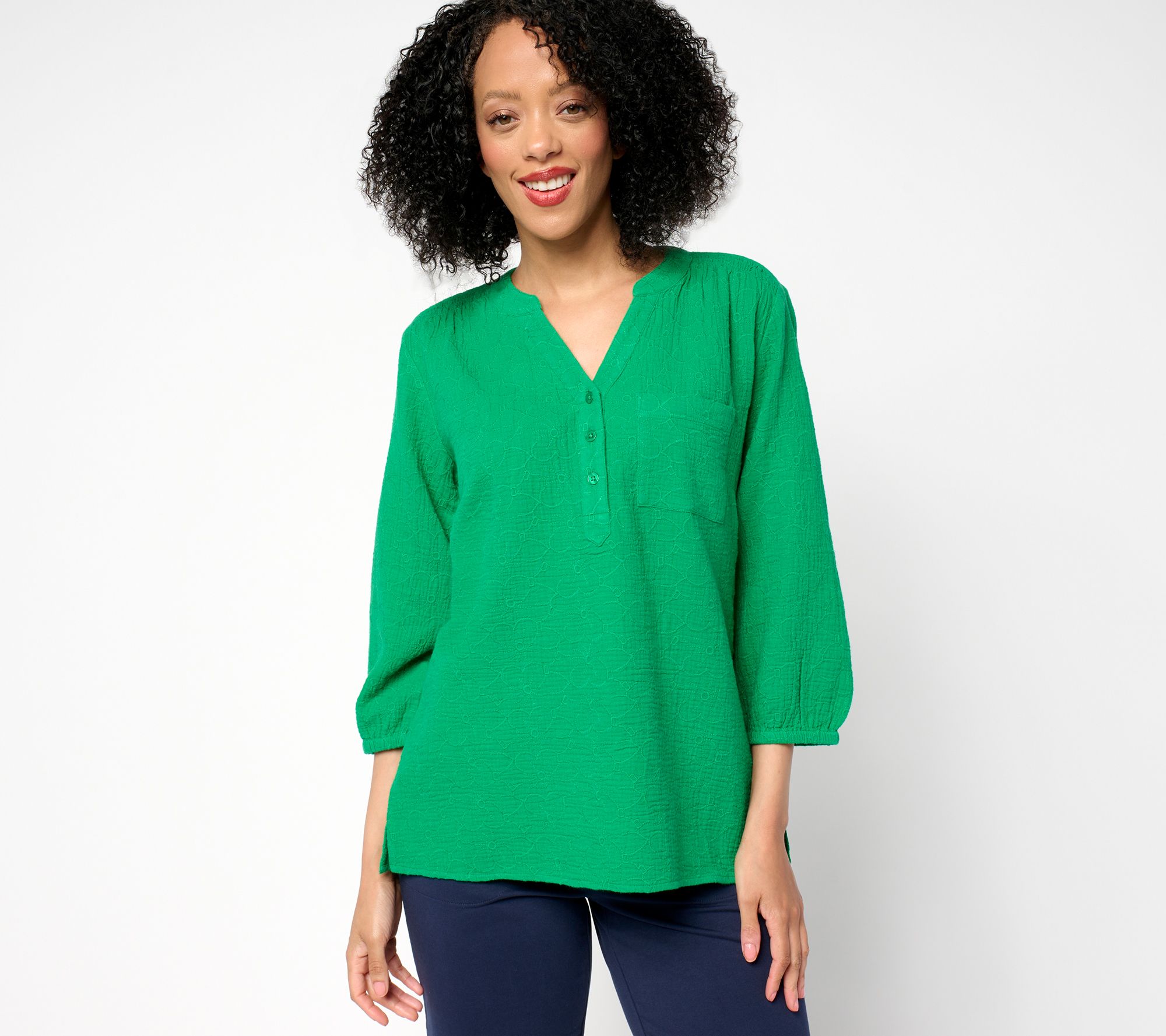 "As Is" Denim & Co. Beach 100% Cotton Gauze Y-Neck Top