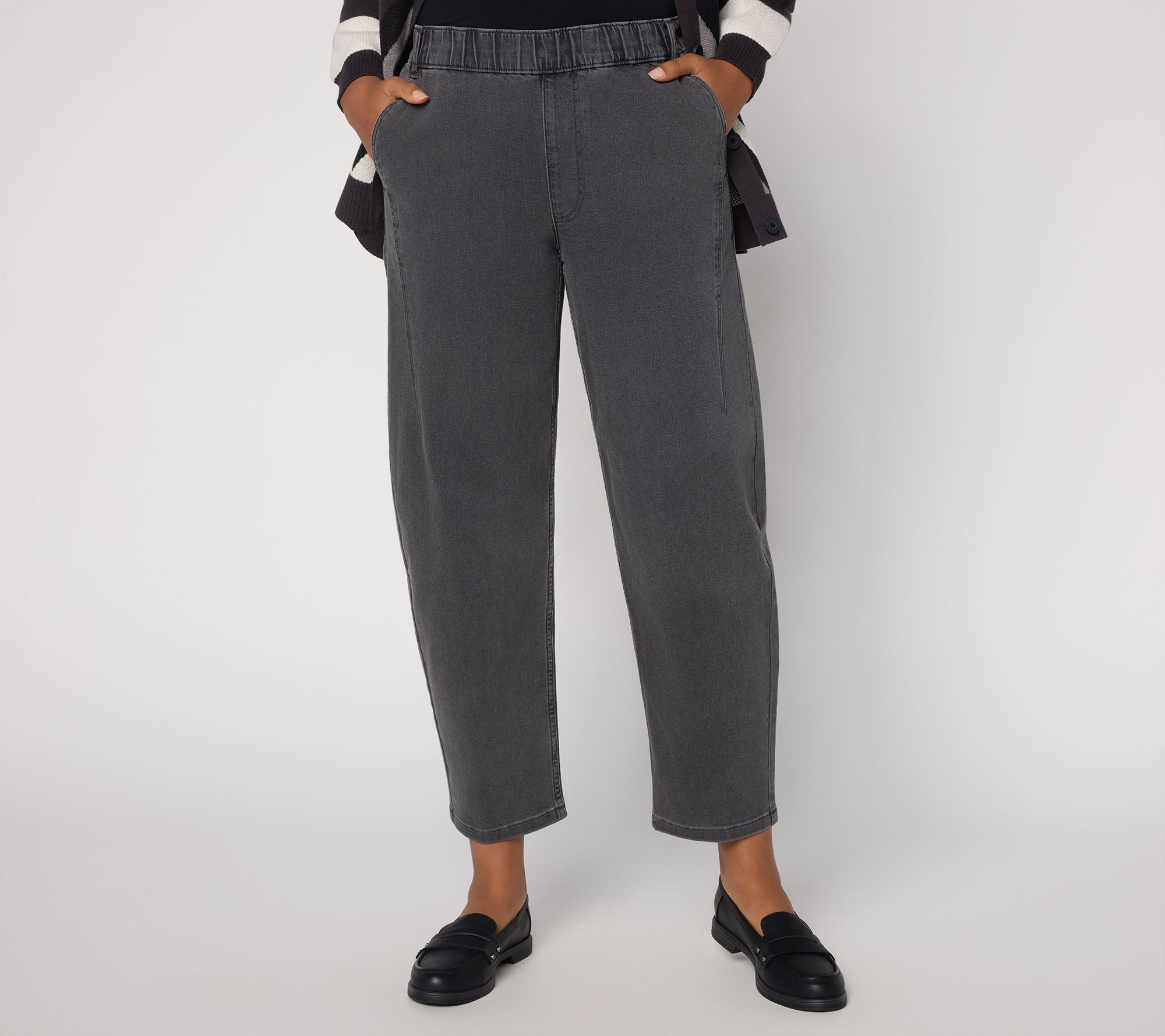 LOGO by Lori Goldstein Petite Grey Pull On Barrel Leg Ankle Jeans