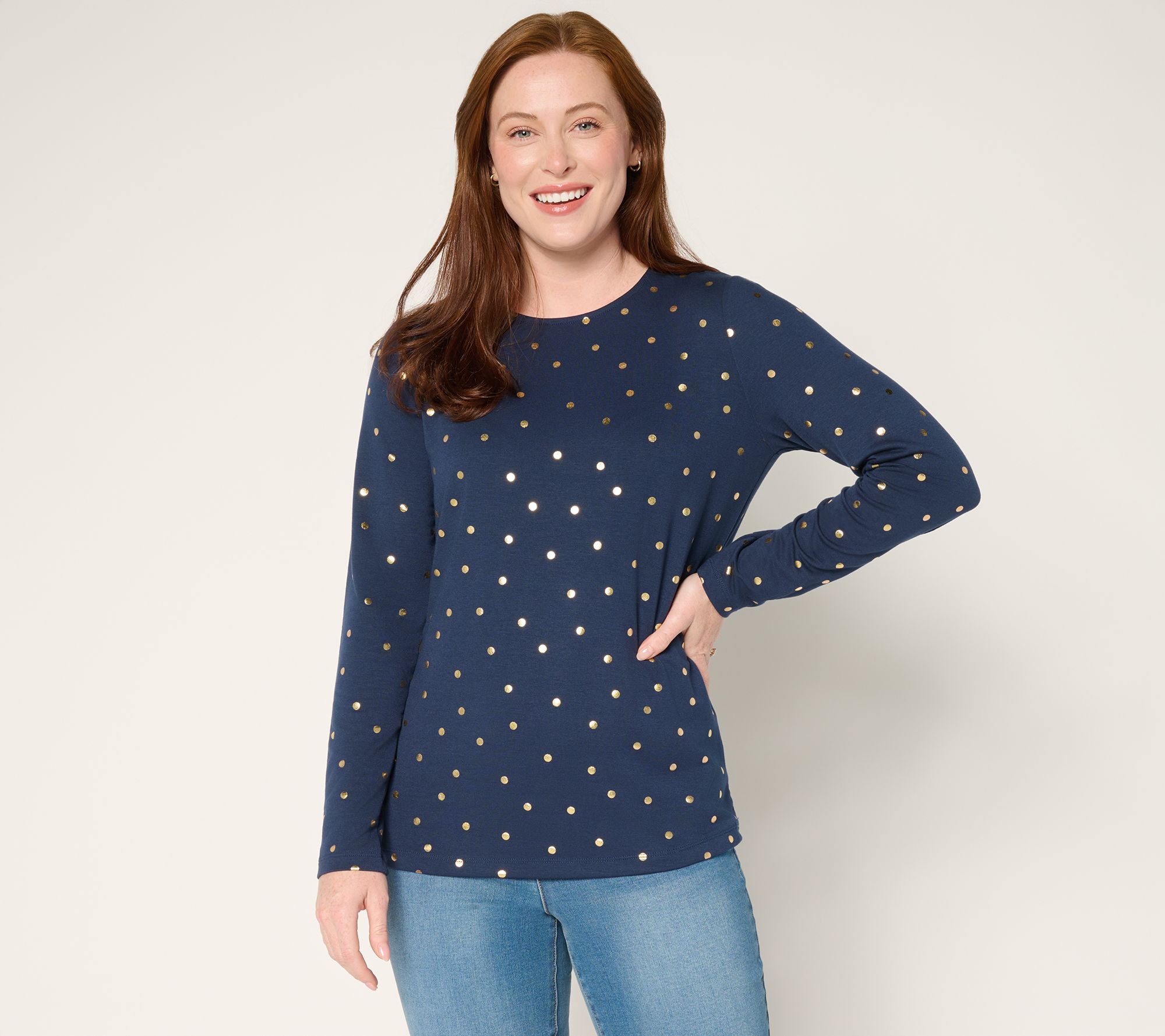 Denim & Co. Jersey Foil Dot Crew Neck Top