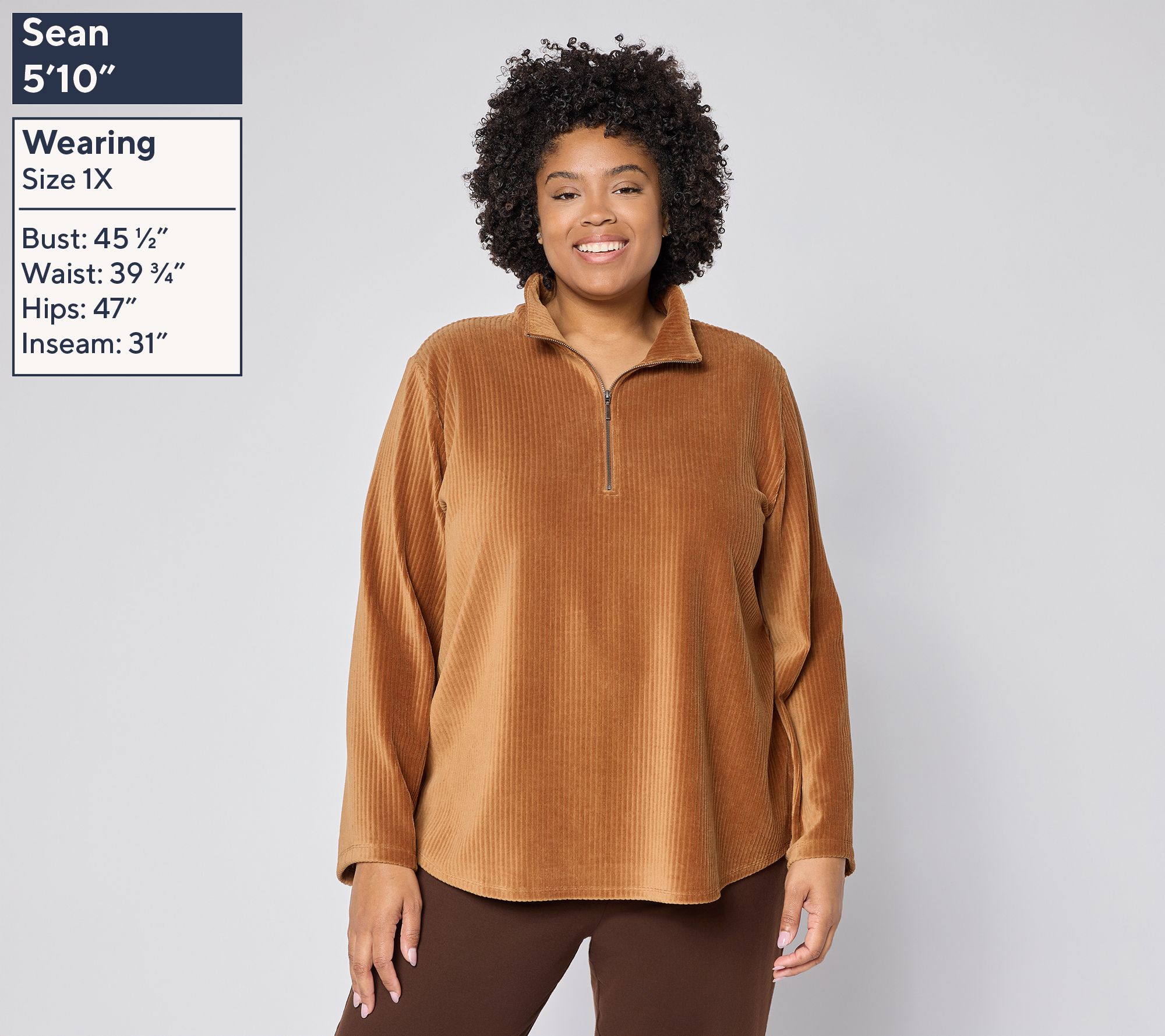 Susan Graver Weekend Knit Corduroy Half Zip Mock Neck Shirttail