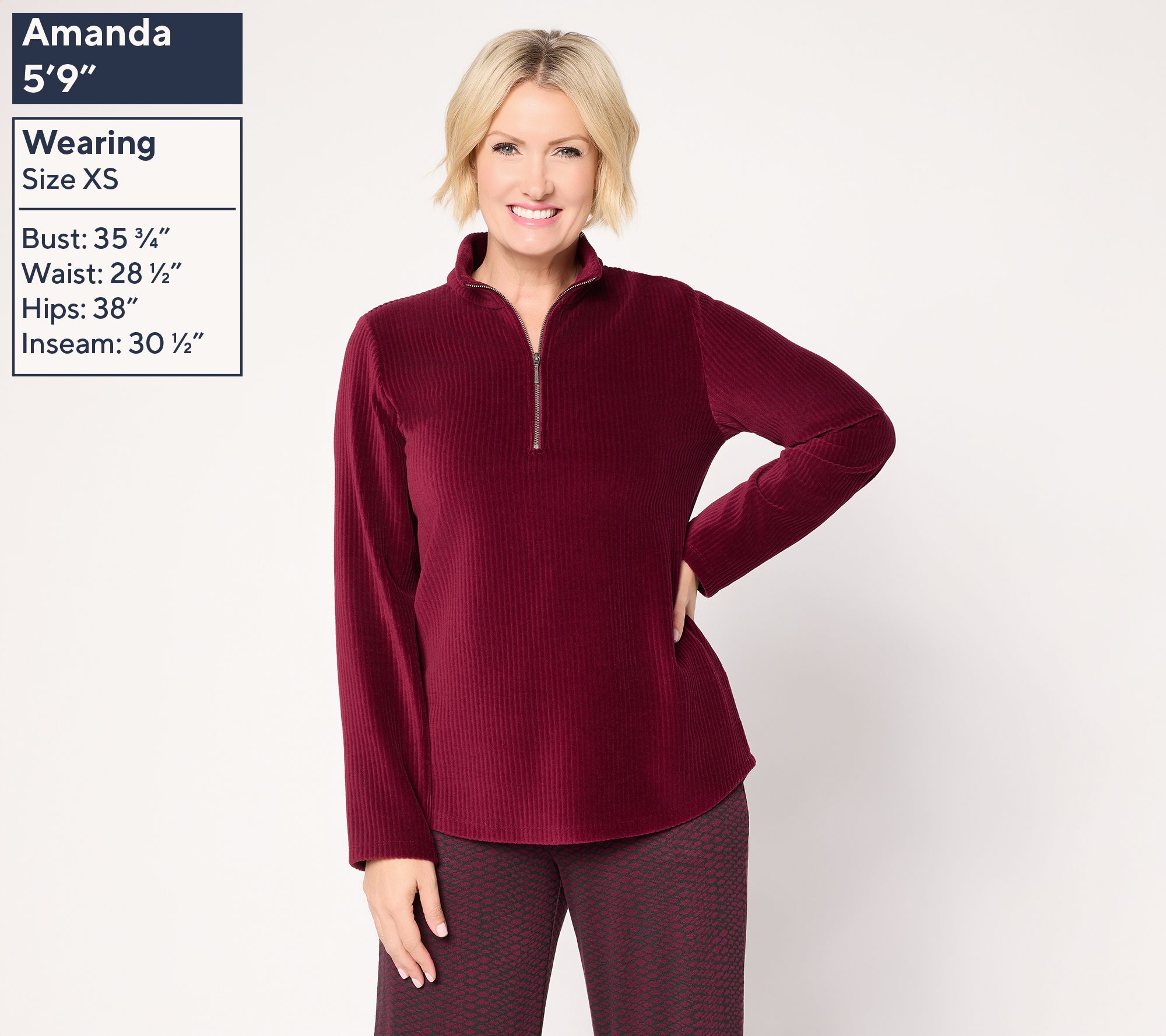 Susan Graver Weekend Knit Corduroy Half Zip Mock Neck Shirttail