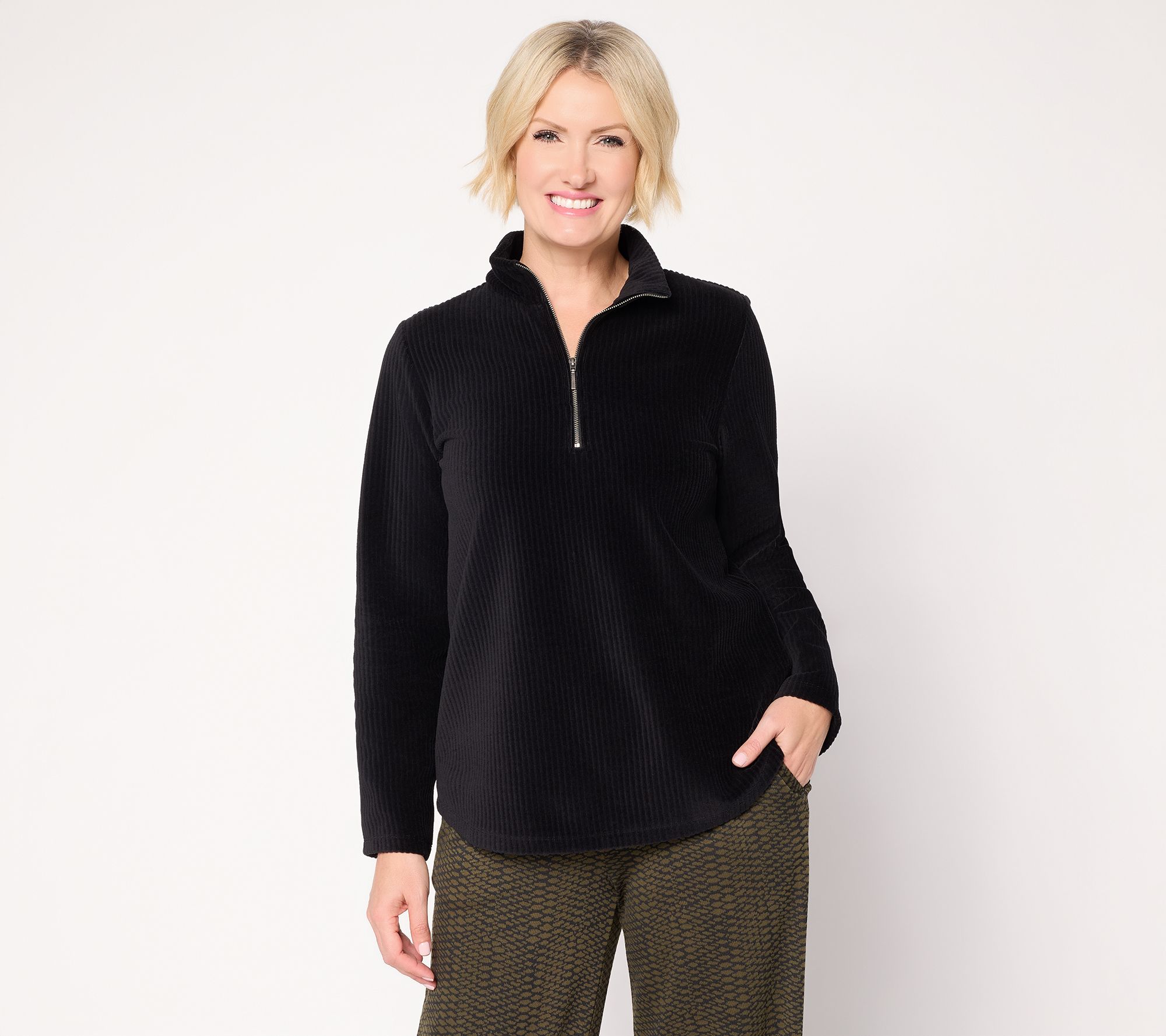 Susan Graver Weekend Knit Corduroy  Half Zip Mock Neck Shirttail Top