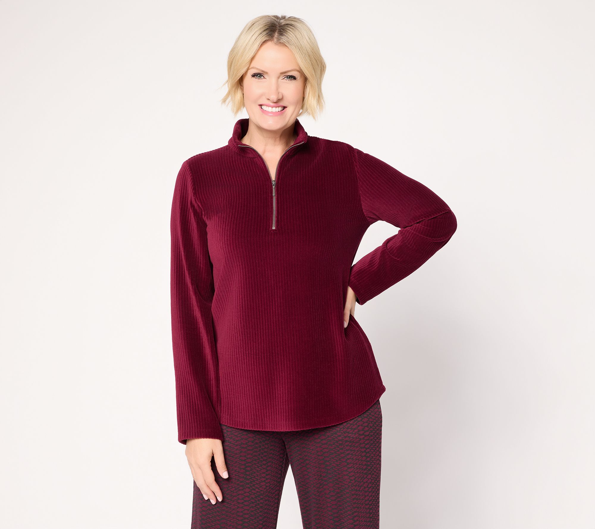 Susan Graver Weekend Knit Corduroy  Half Zip Mock Neck Shirttail Top