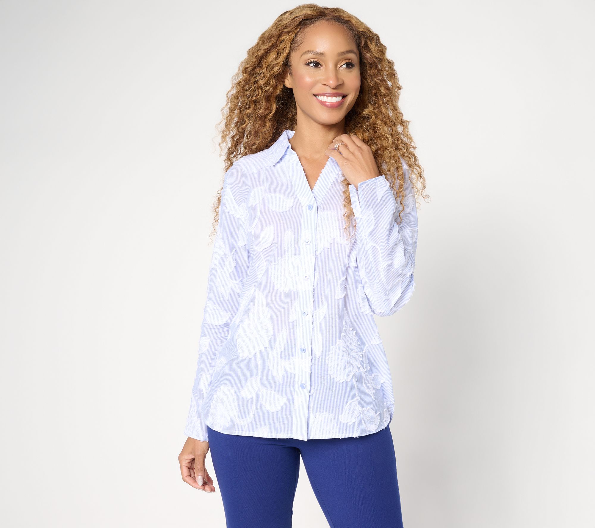 Attitudes by Renee Woven Jacquard Button Front Top