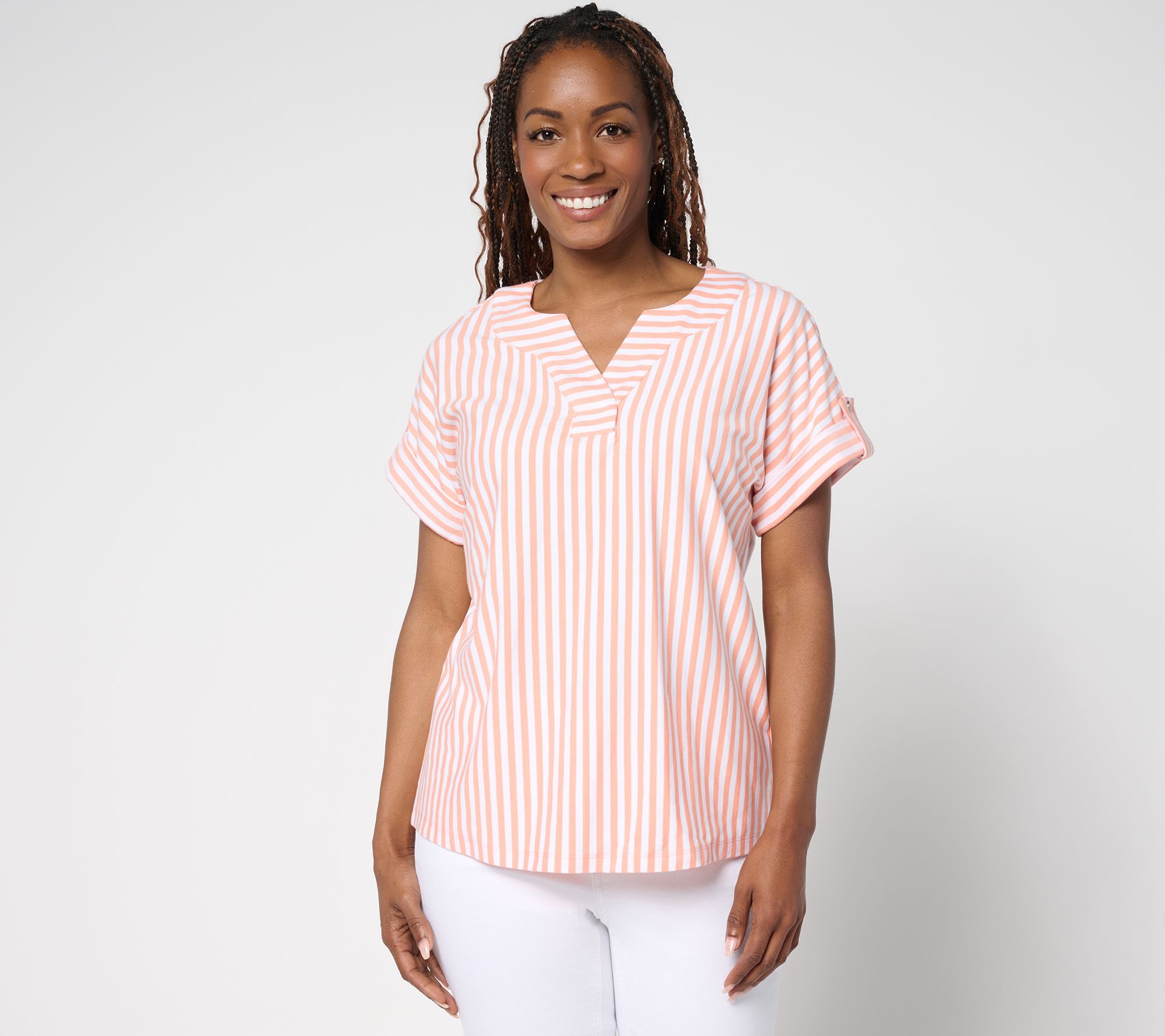 " As Is" Denim & Co. Favorite Jersey Dolman Sleeve Split Neck Stripe Top