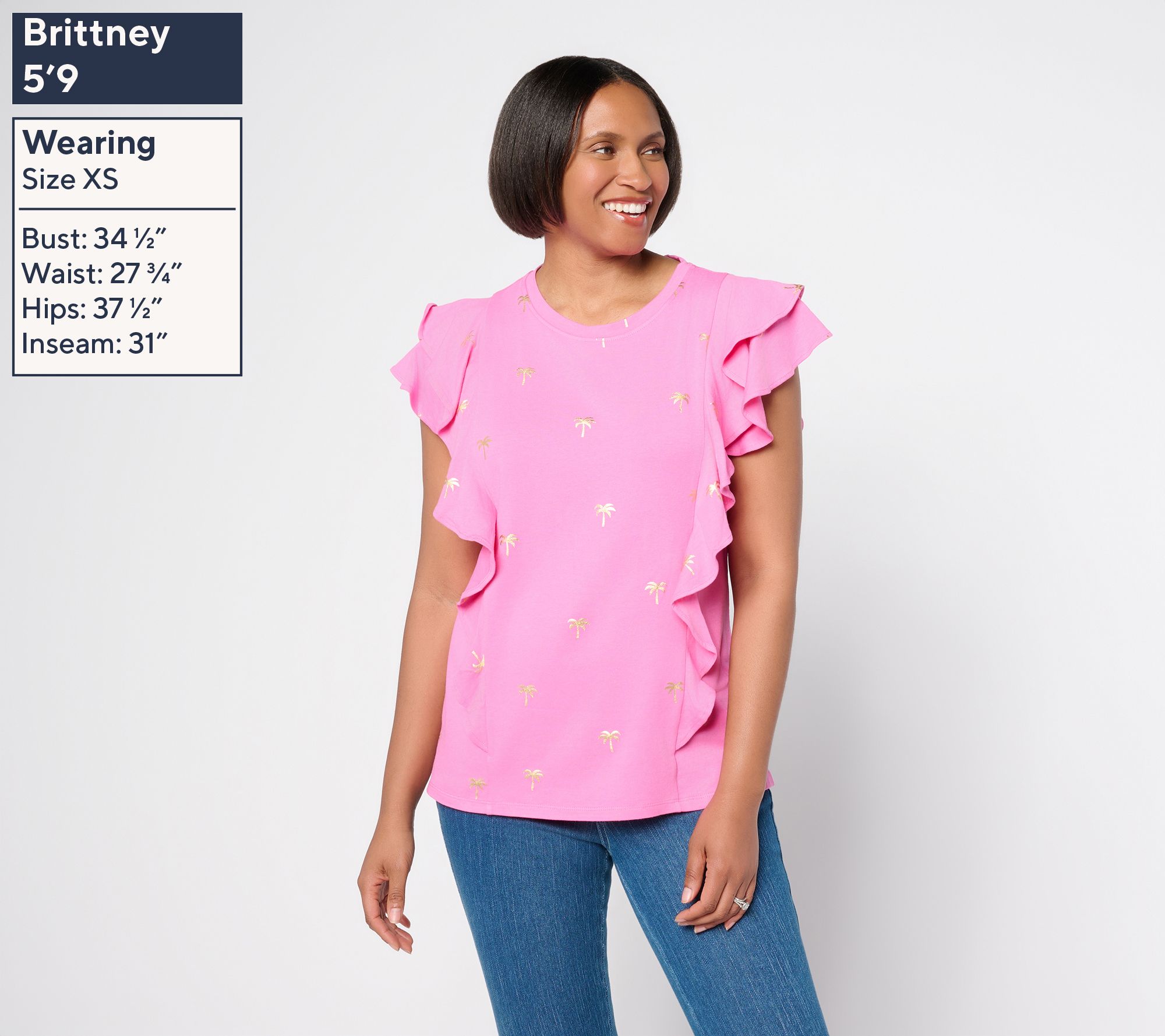 Belle Beach by Kim Gravel TripleLuxe Knit Foil Print Ruffle Top | QVC