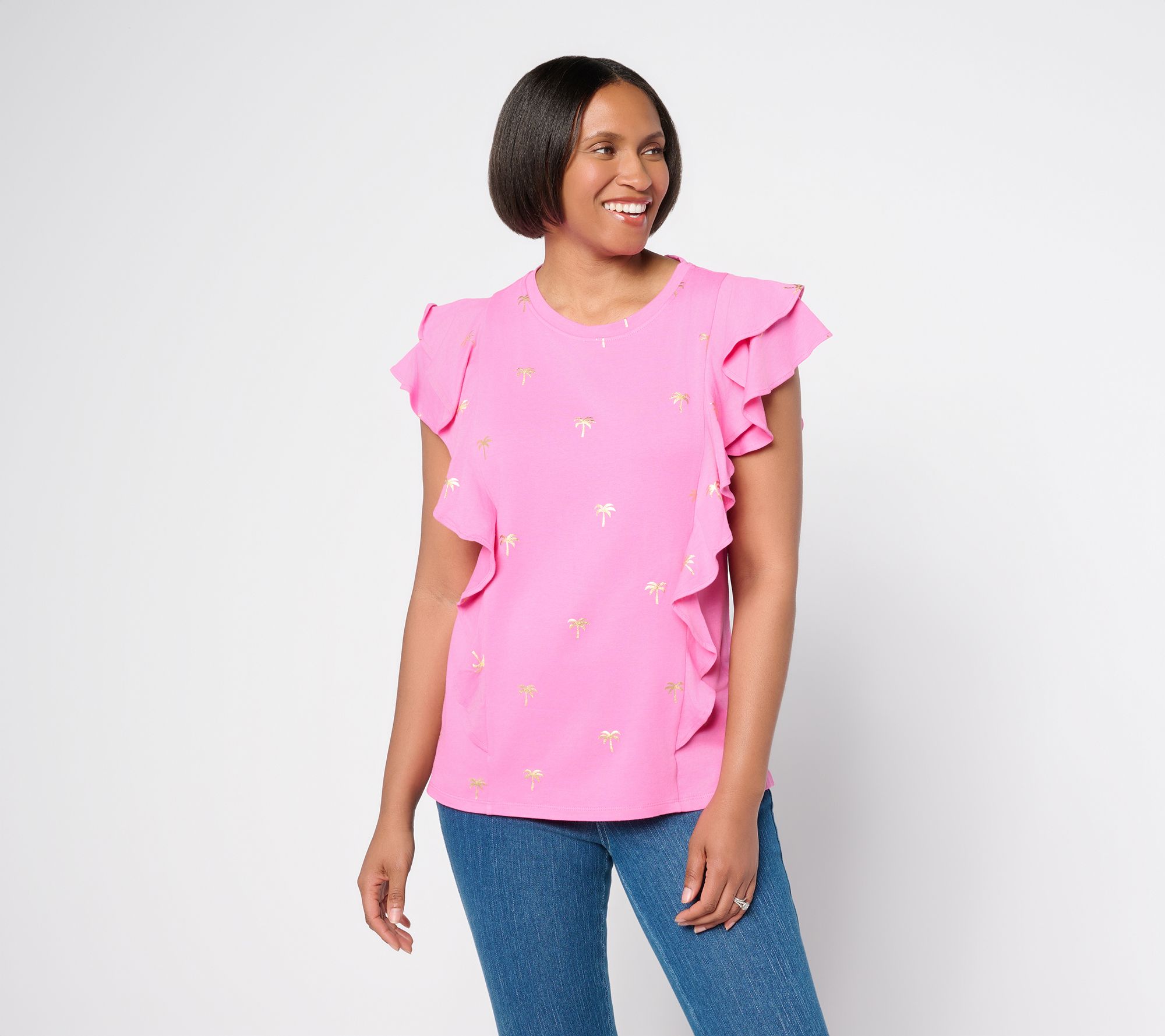 Belle Beach by Kim Gravel TripleLuxe Knit Foil Print Ruffle Top