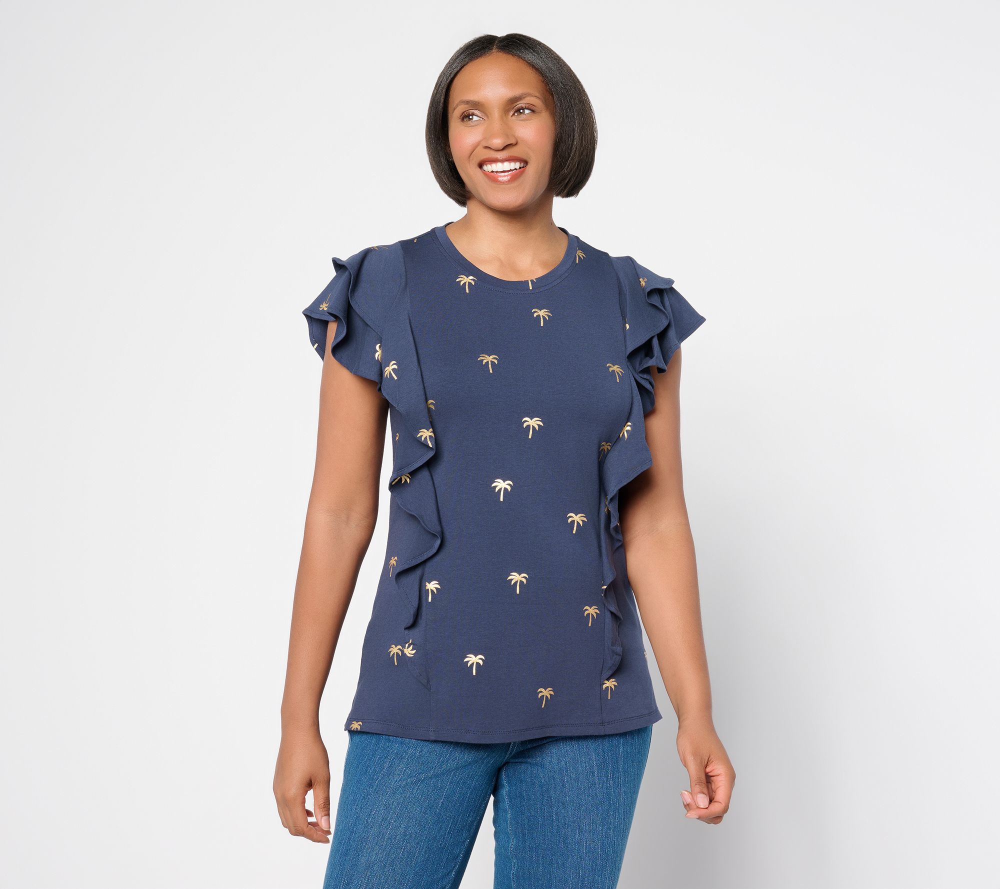 Belle Beach by Kim Gravel TripleLuxe Knit Foil Print Ruffle Top