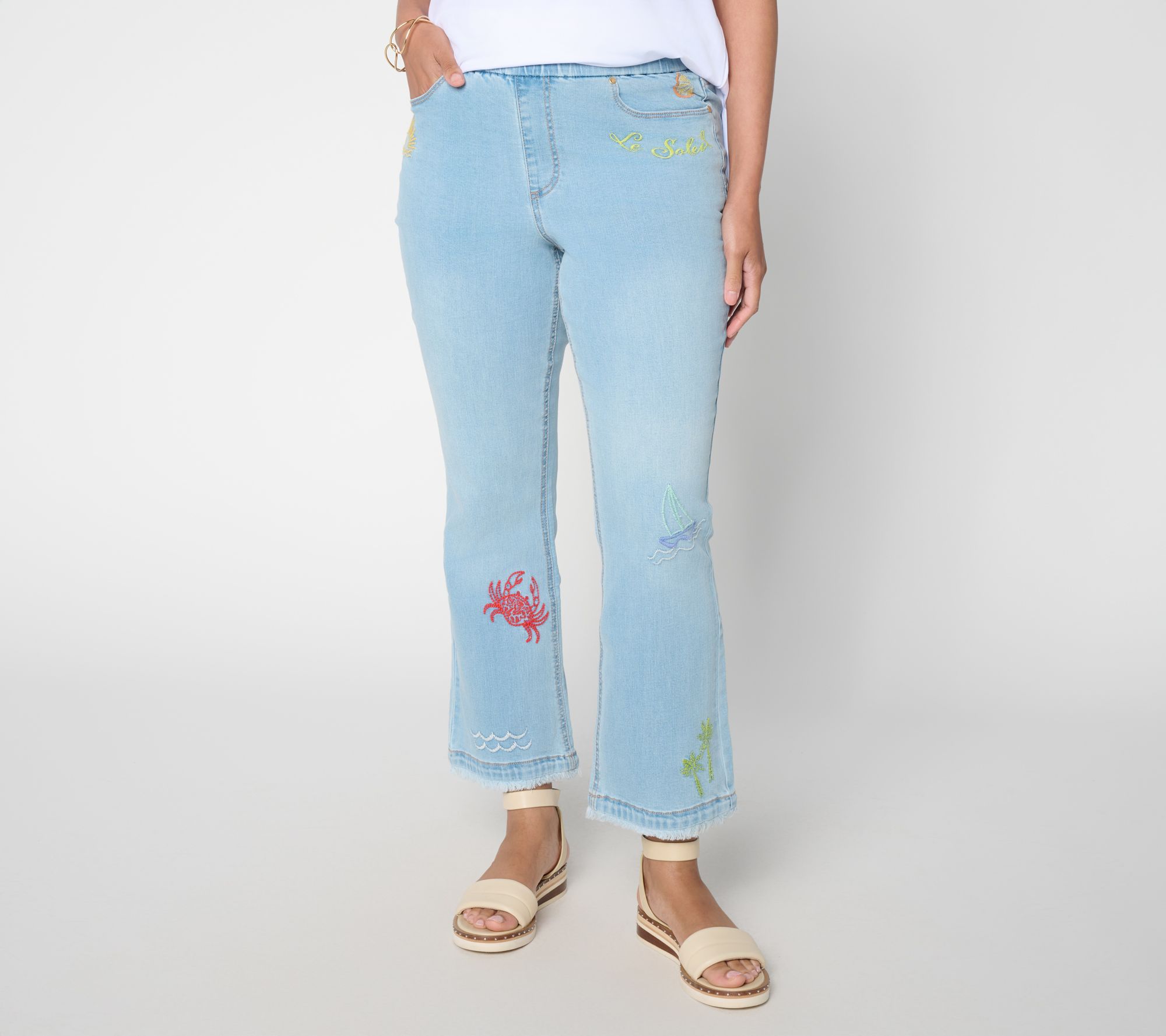 Susan Graver Petite Stretch Denim Soleil Embroidered Jeans