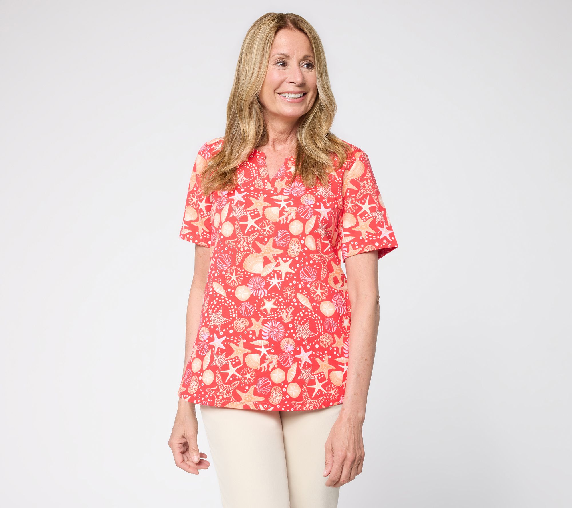 Denim & Co. Active Printed French Terry Split Neck Top