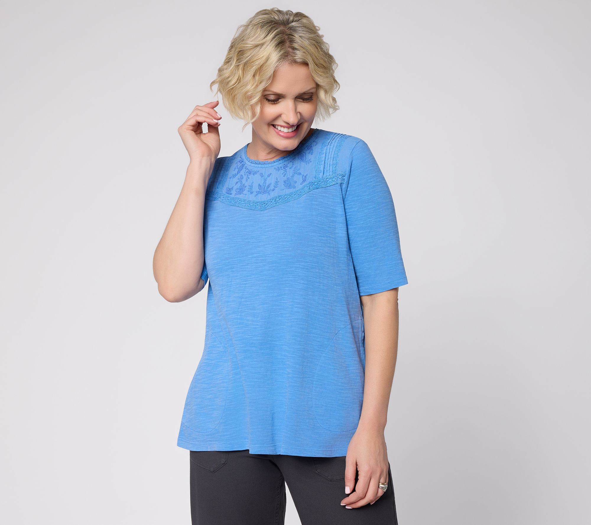 LOGO Lavish by Lori Goldstein 100% Cotton Elbow Sleeve Embroidered Top