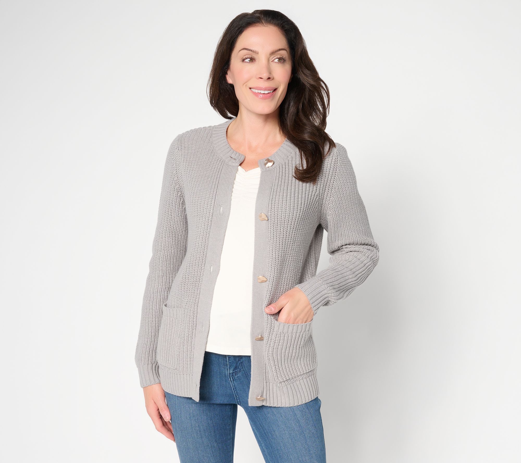 "As Is" Belles by Kim Gravel Chunky Shaker Knit Gold Button Cardigan