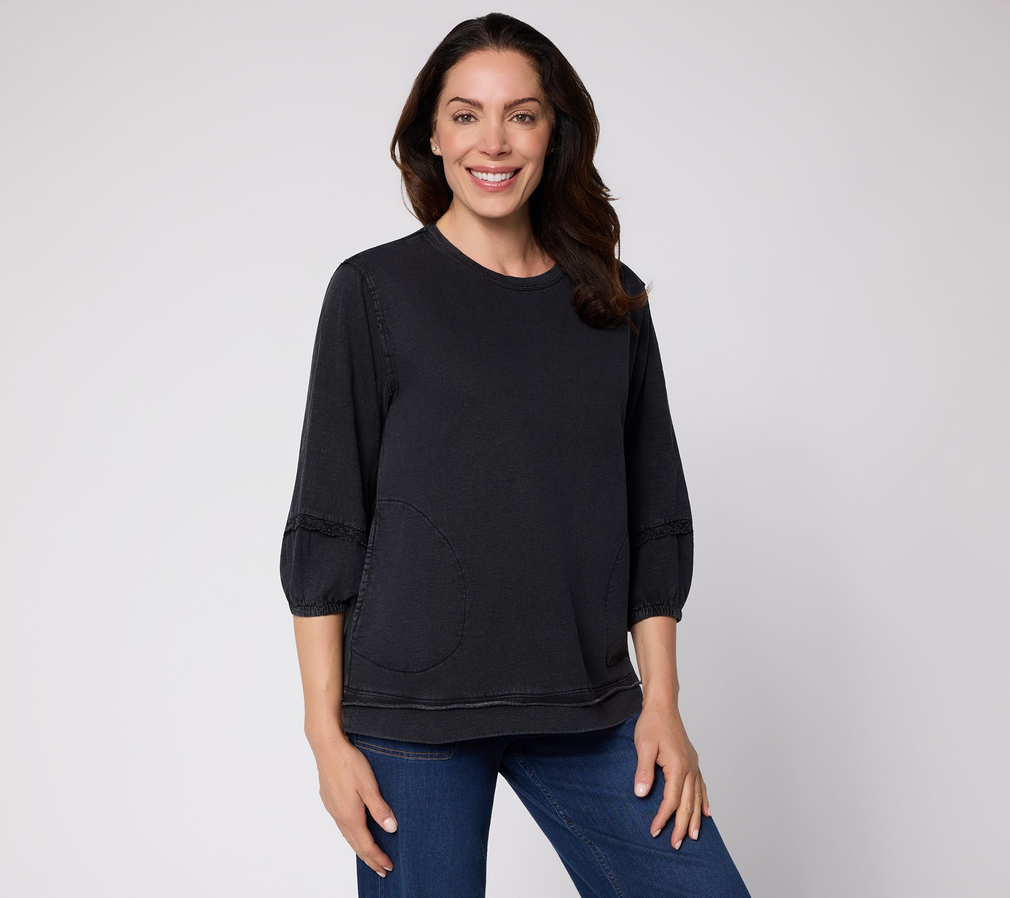 LOGO by Lori Goldstein Mixed Media 3/4 Sleeve Top with Lace Trim