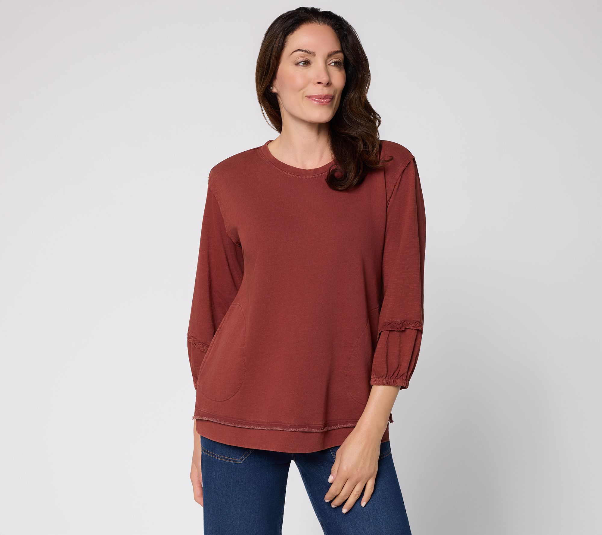 LOGO by Lori Goldstein Mixed Media 3/4 Sleeve Top with Lace Trim