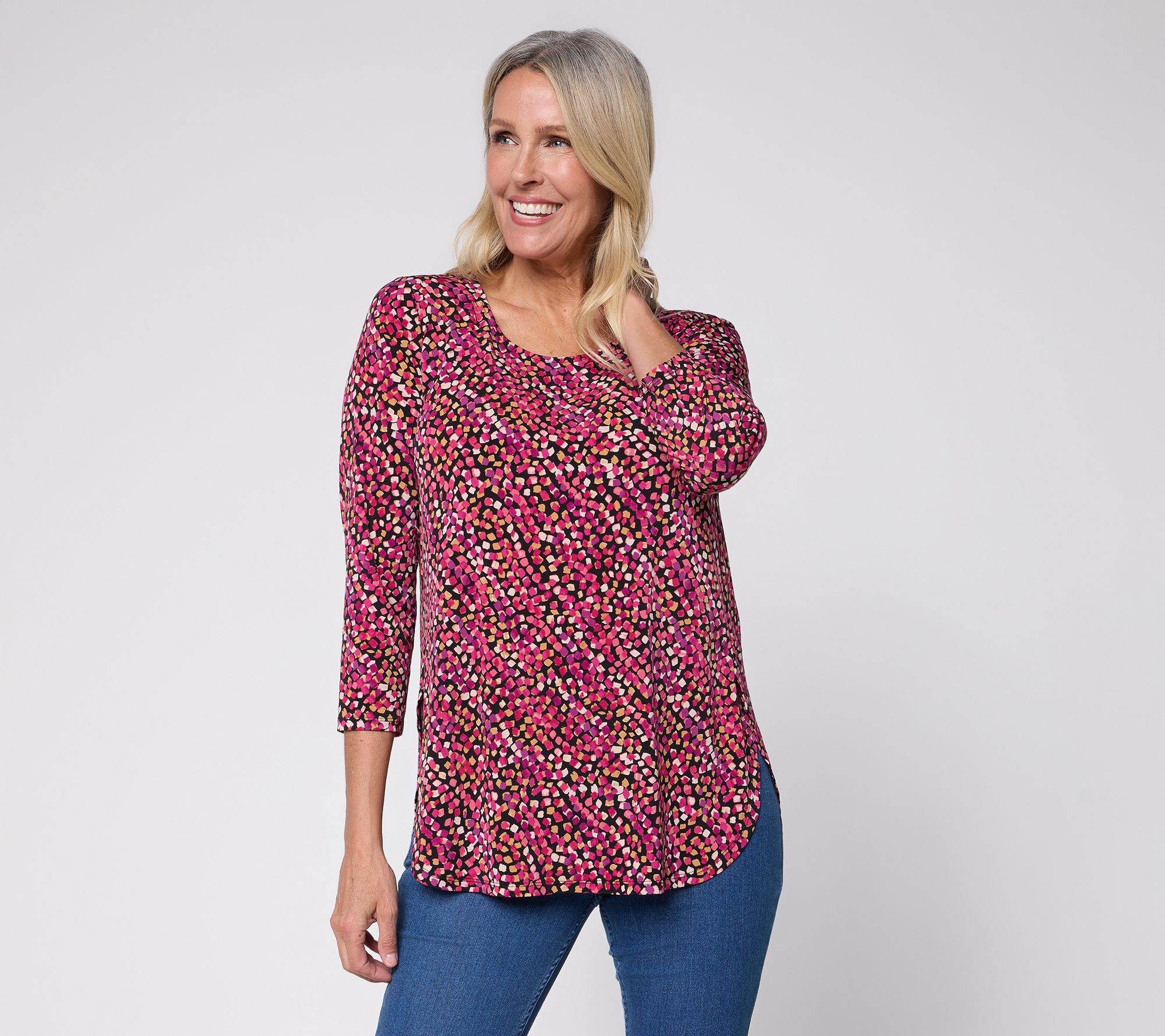  Susan Graver Petite Printed Liquid Knit Tulip Hem Top