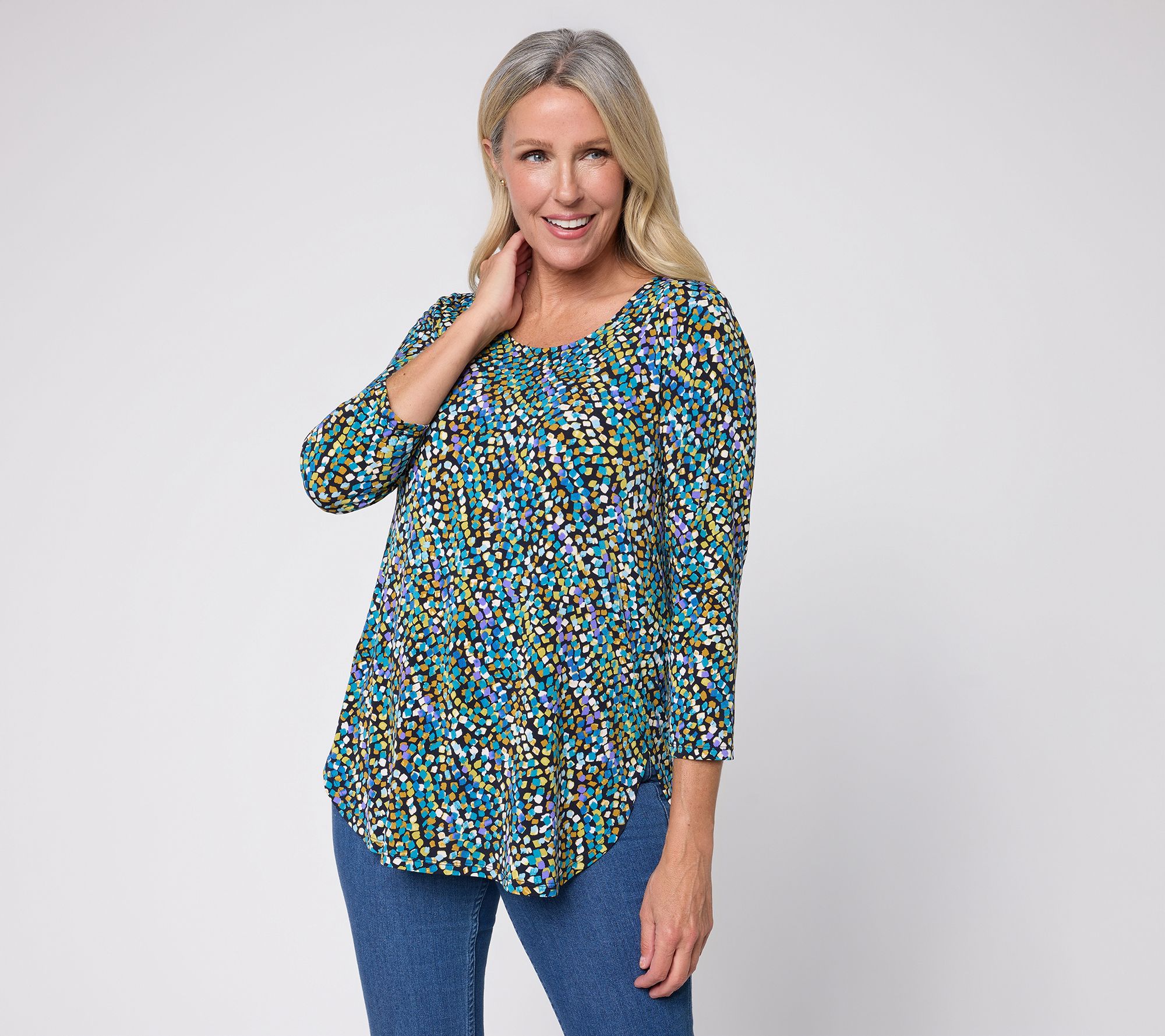 Susan Graver Petite Printed Liquid Knit Tulip Hem Top