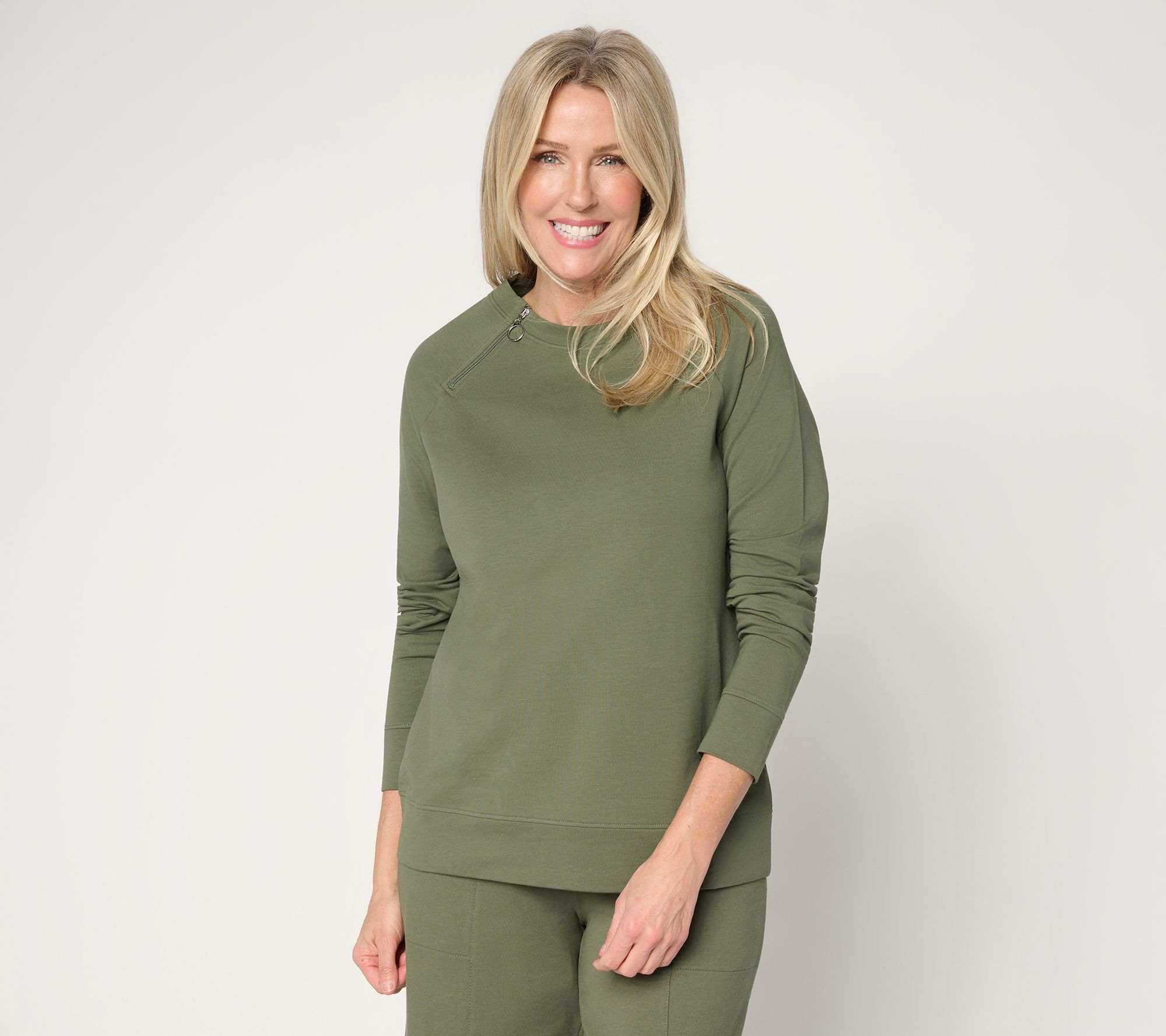 "As Is" Denim & Co. French Terry Raglan Zip Crew Neck Pullover Top