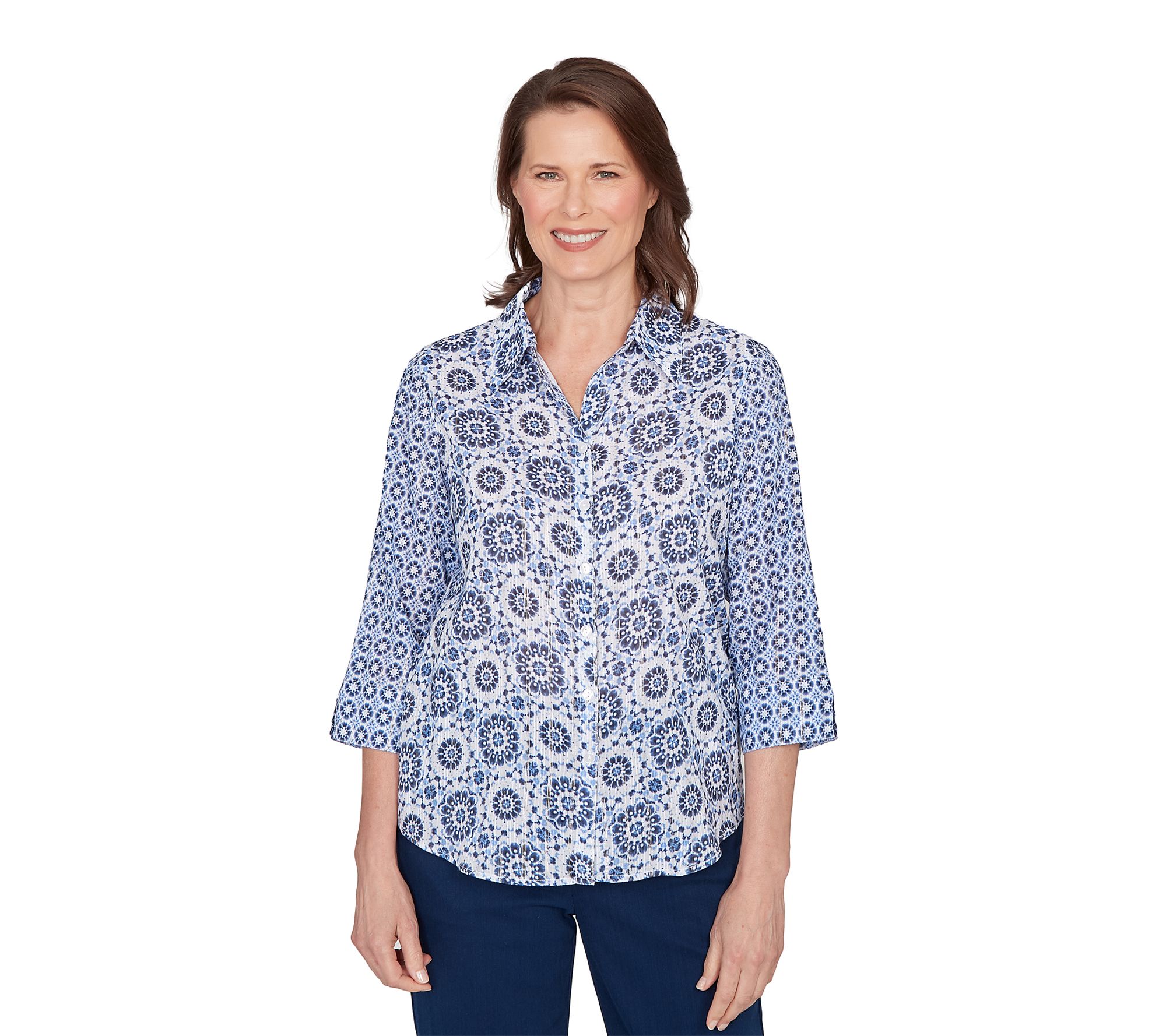 Alfred Dunner Petite Geometric Button Front Collared Top