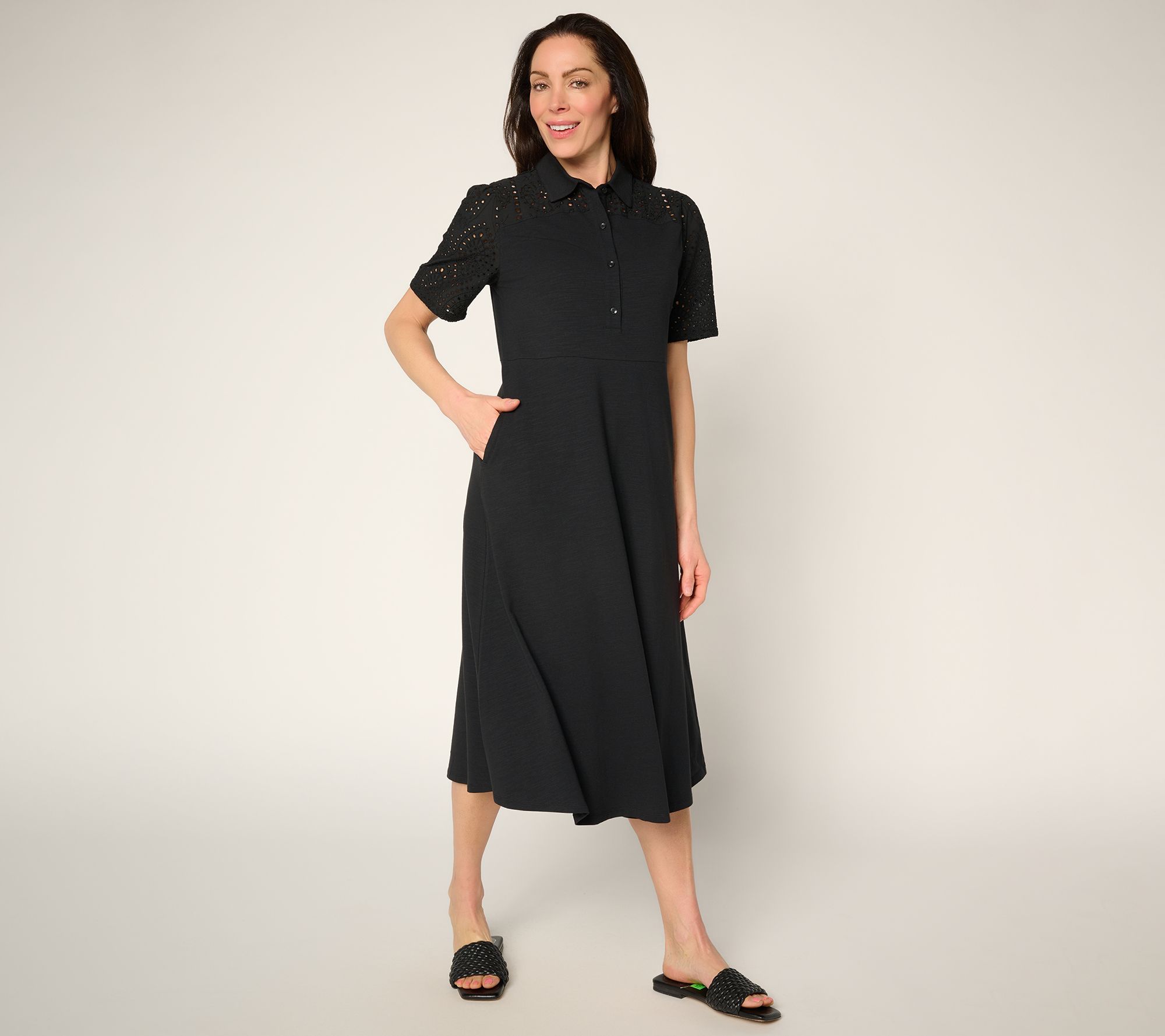 "As Is" Joan Rivers Regular Eyelet Short- Sleeve Henley Midi Dress