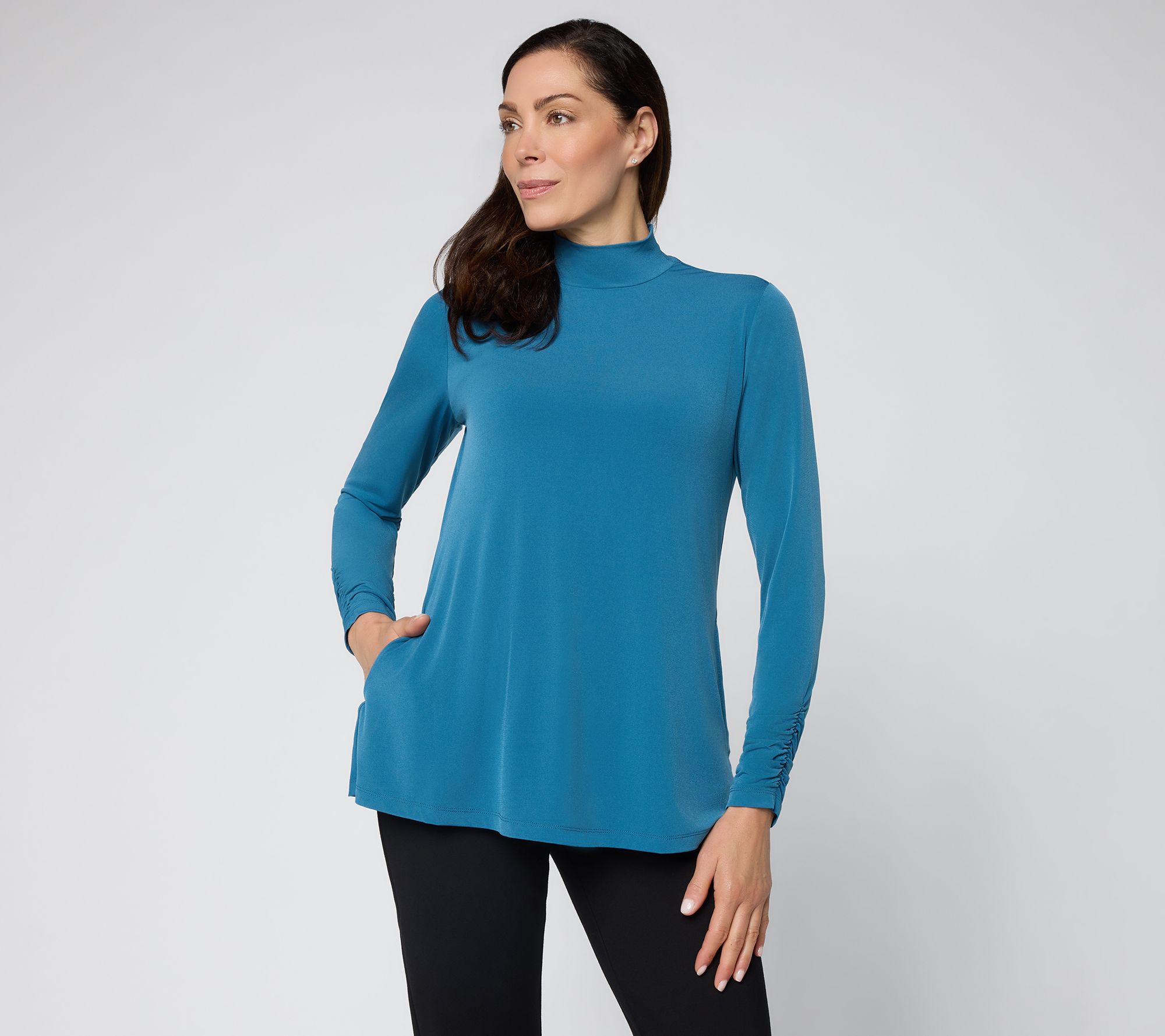 Susan Graver Regular Knit Mock Neck Ruched Sleeve Tunic