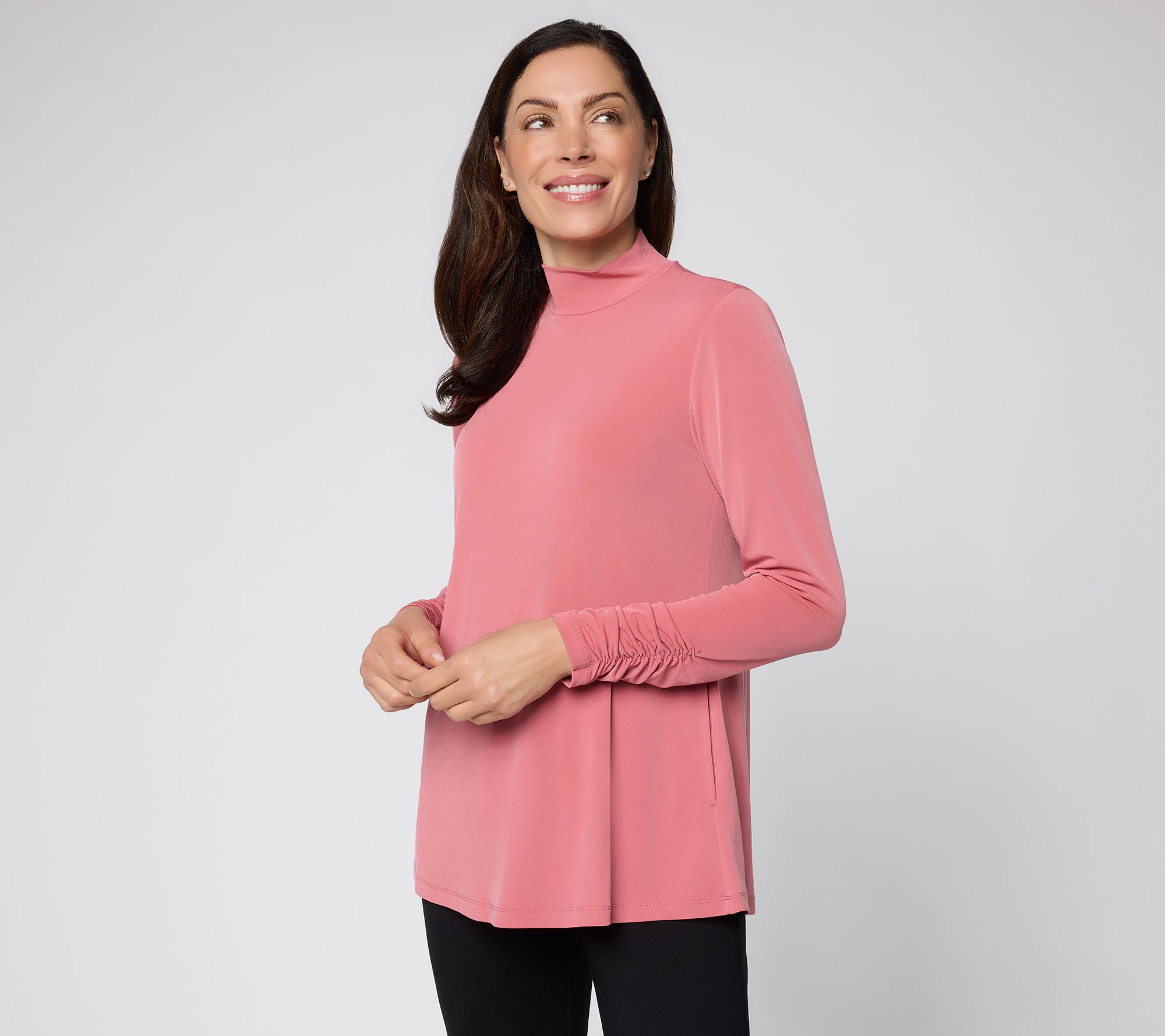 Susan Graver Regular Knit Mock Neck Ruched Sleeve Tunic