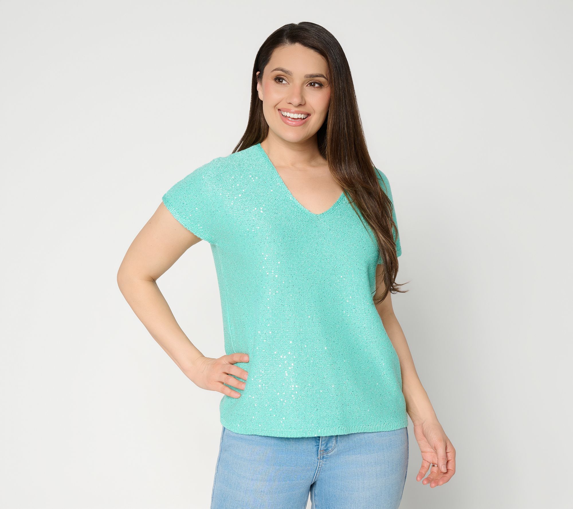 "As Is" Susan Graver Sequin V-Neck Extended Sleeve Knit Top