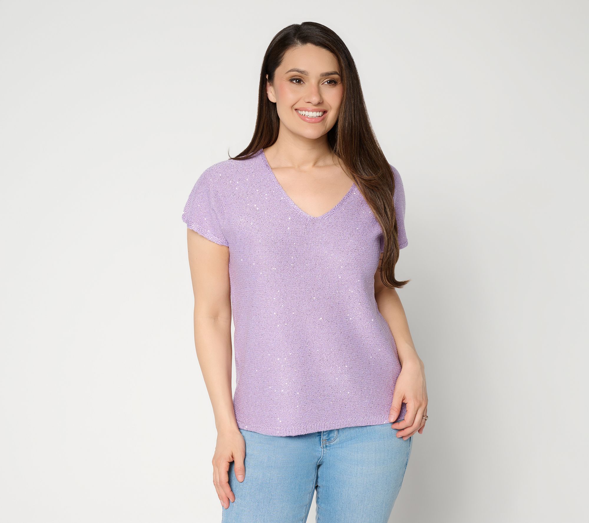 "As Is" Susan Graver Sequin V-Neck Extended Sleeve Knit Top