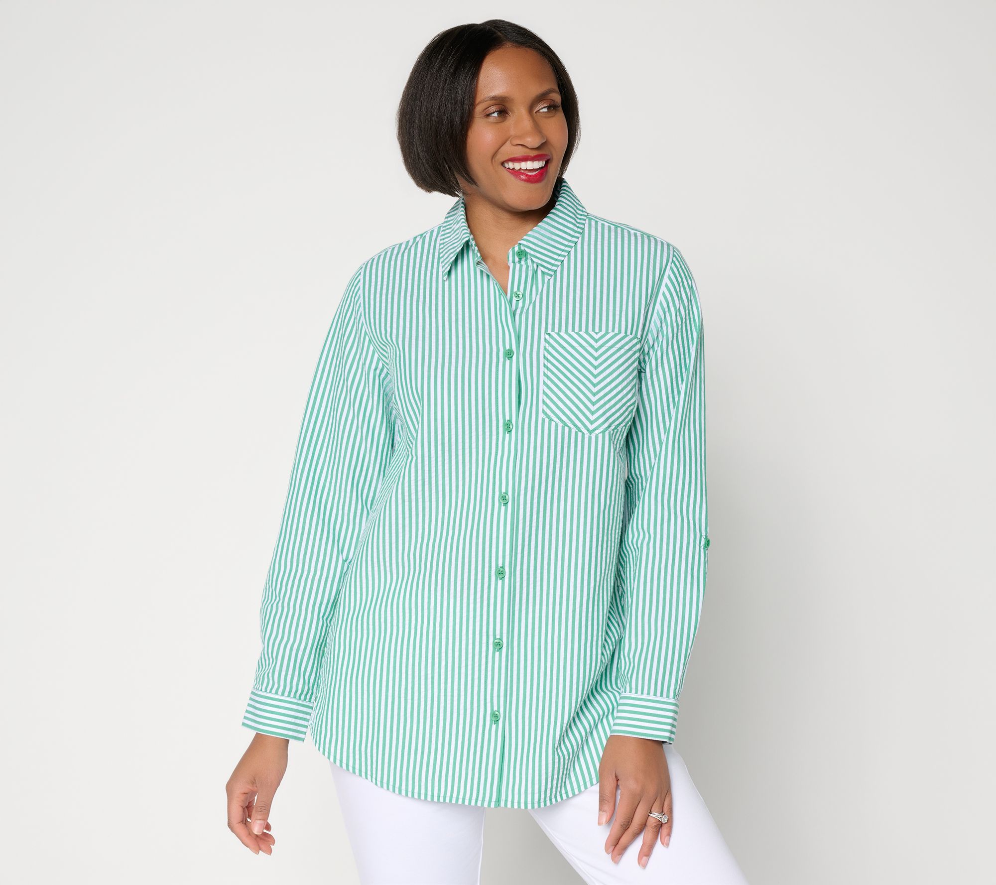 "As Is" Joan Rivers Regular Seersucker Boyfriend Shirt w/ Button Side