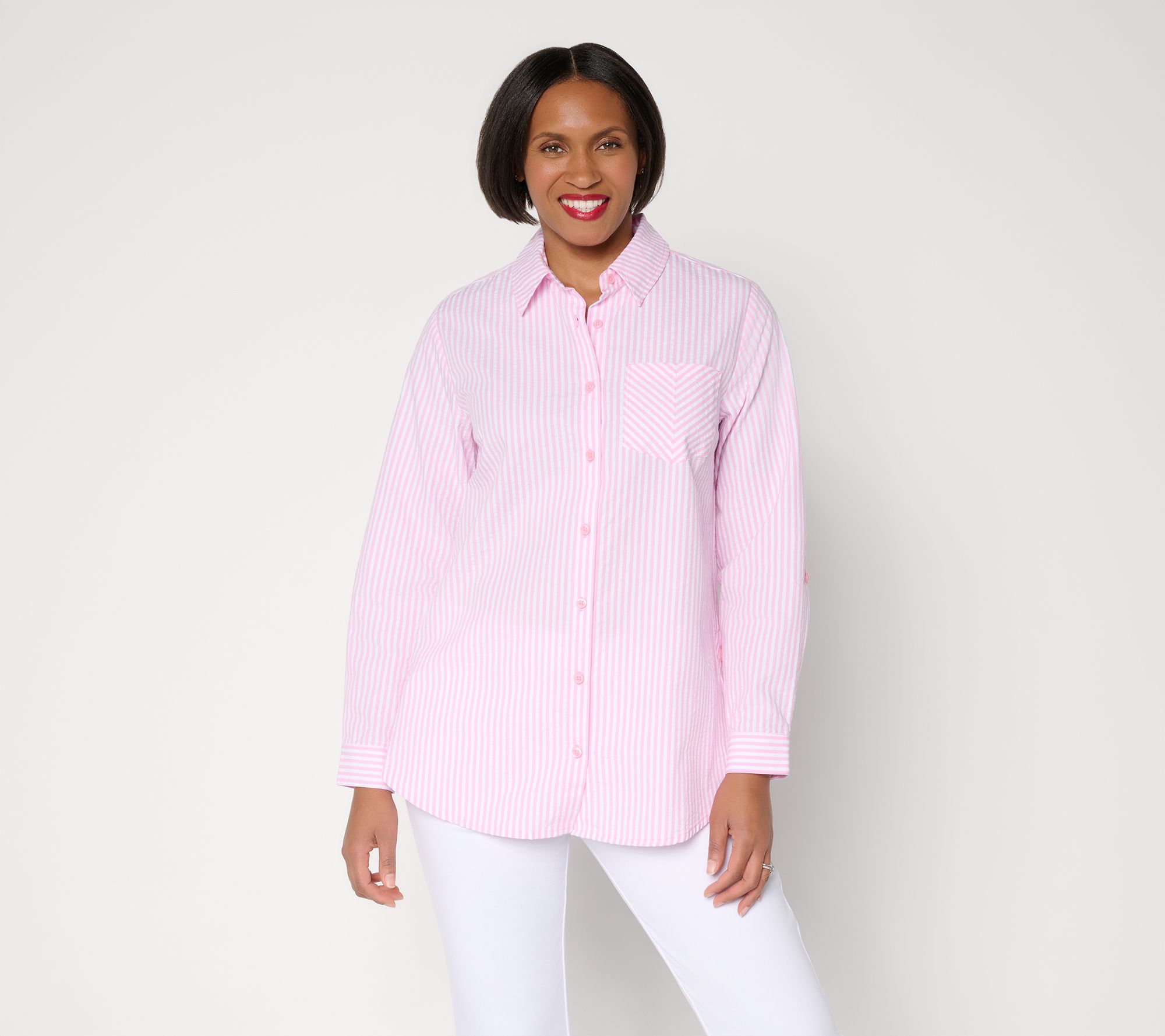 "As Is" Joan Rivers Regular Seersucker Boyfriend Shirt w/ Button Side