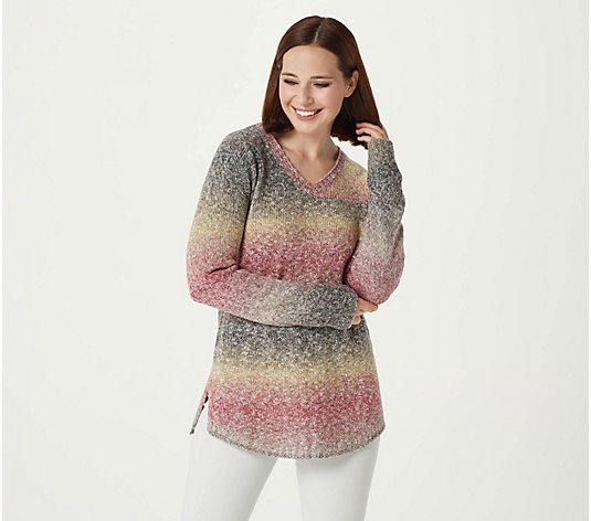 LOGO by Lori Goldstein Ombre' Stripe V-Neck Sweater