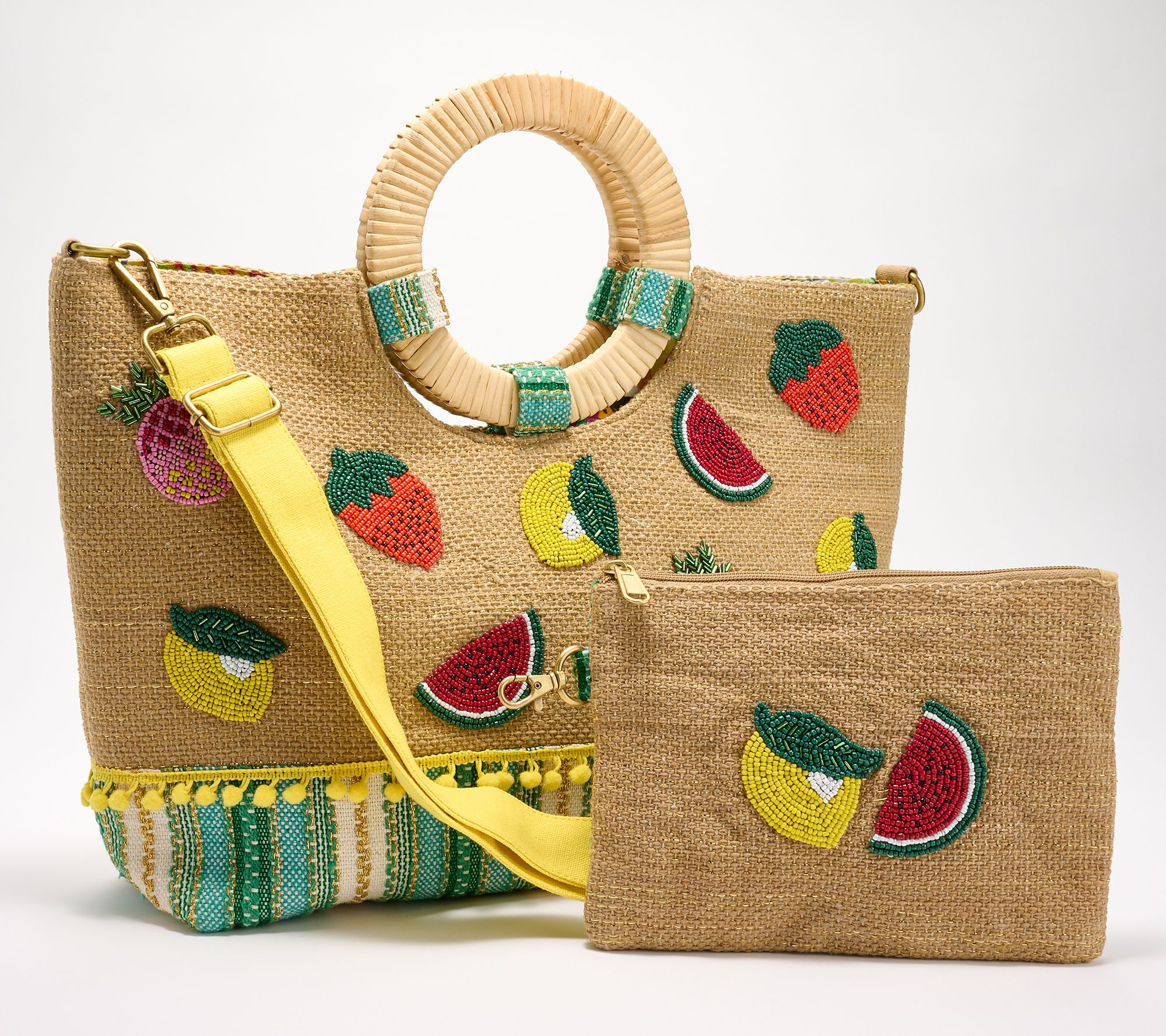 America & Beyond Embellished Jute Tote withRemovable Pouch ,Georgia Peach