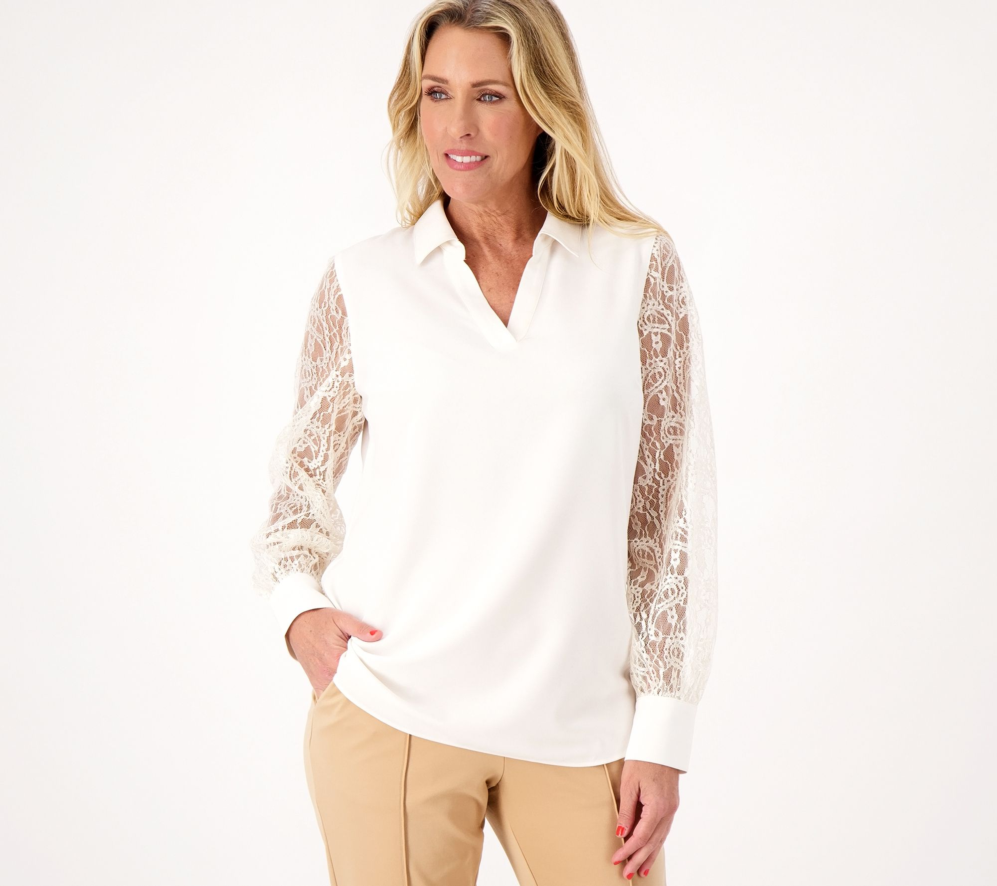 "As Is" Isaac Mizrahi Live Stretch Crepe Blouse with Lace Sleeves