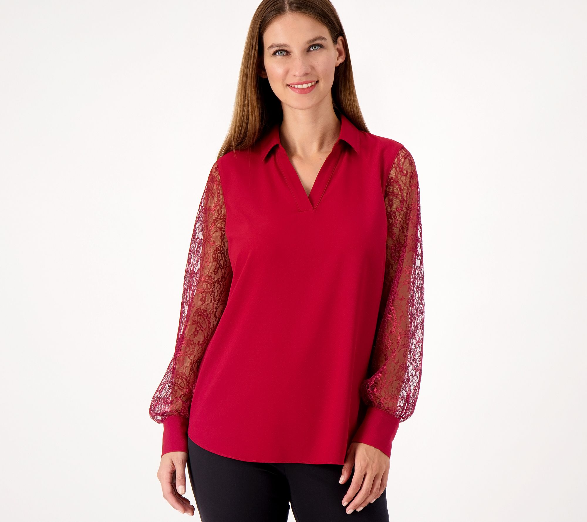 "As Is" Isaac Mizrahi Live Stretch Crepe Blouse with Lace Sleeves
