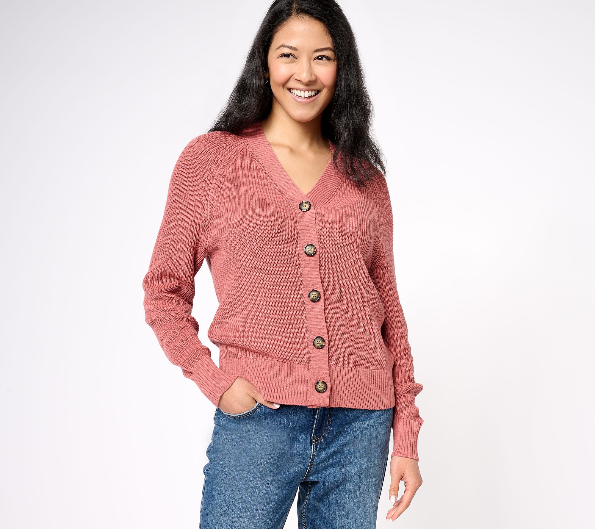 Denim & Co. Signature Button Front Pointelle SweaterCaridgan 