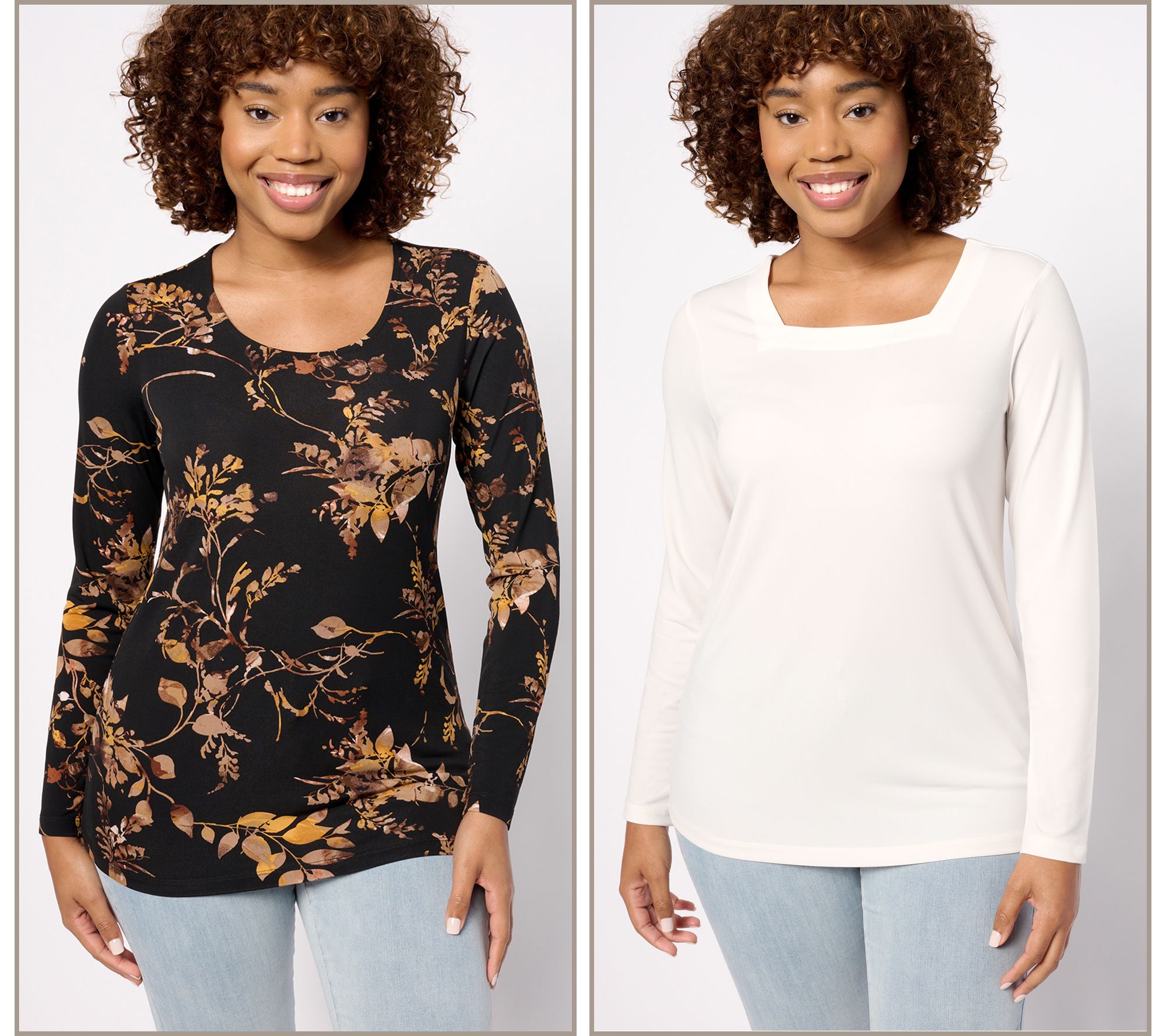 Susan Graver Print and Solid Liquid Knit Set of Two Tops