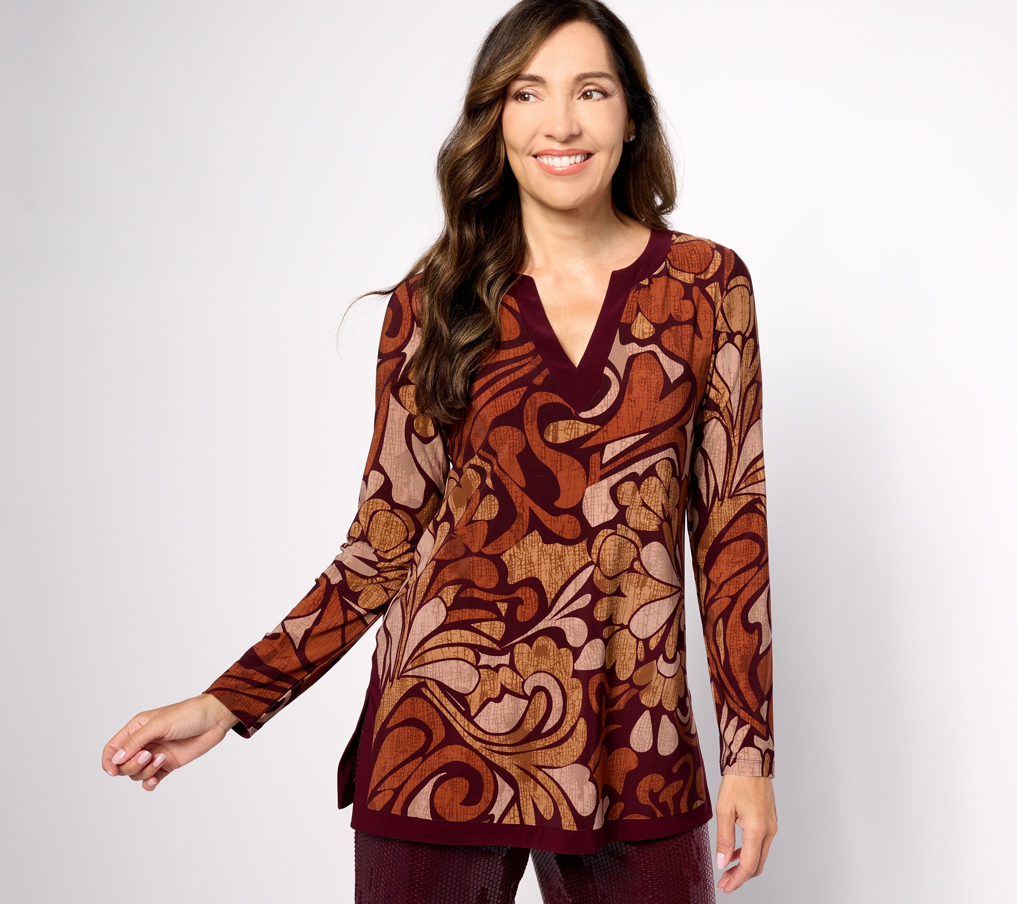 Dennis Basso Printed Knit Tunic with Solid Trim