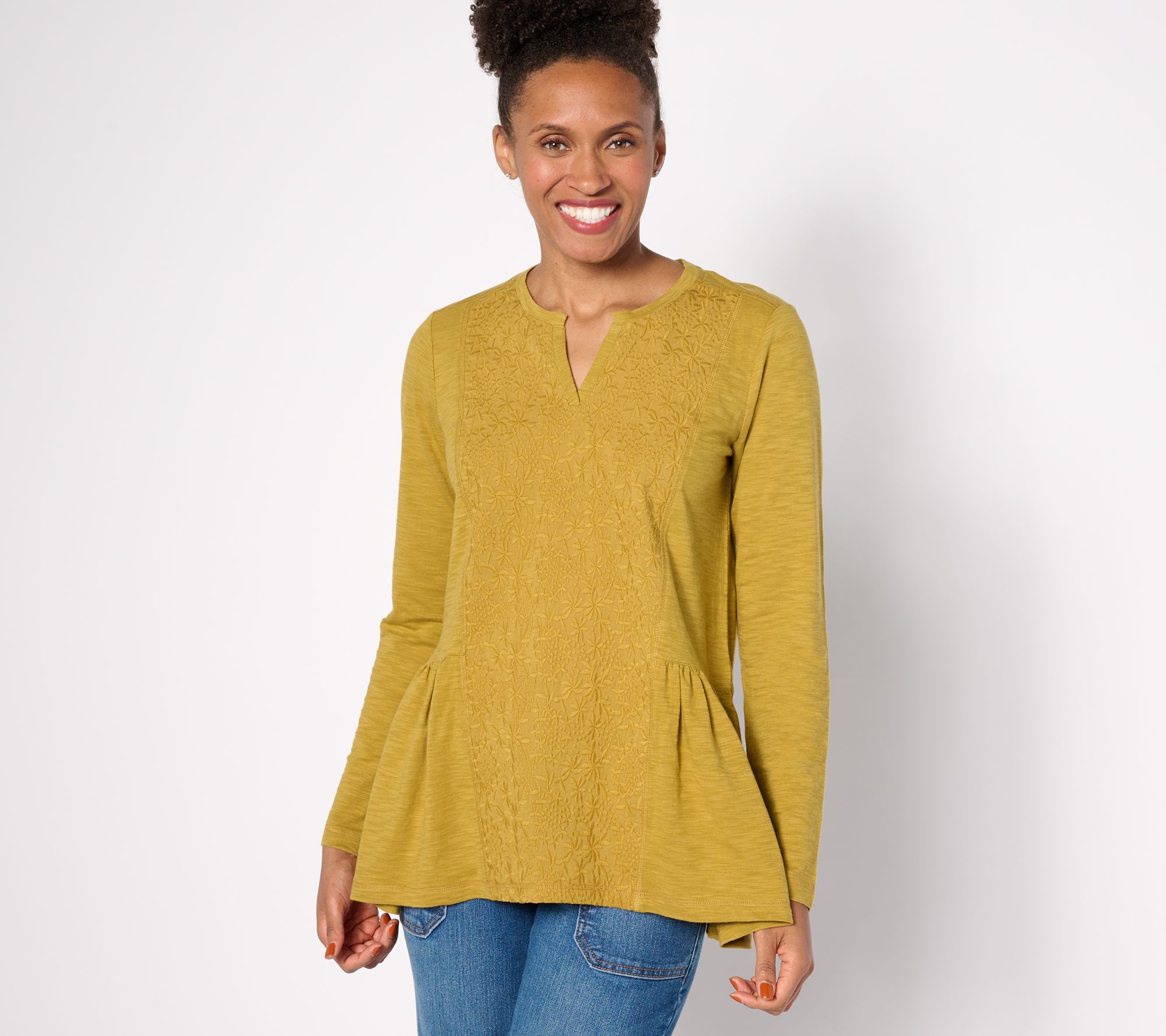 LOGO by Lori Goldstein Long Sleeve Split Neck Top with Embroidery