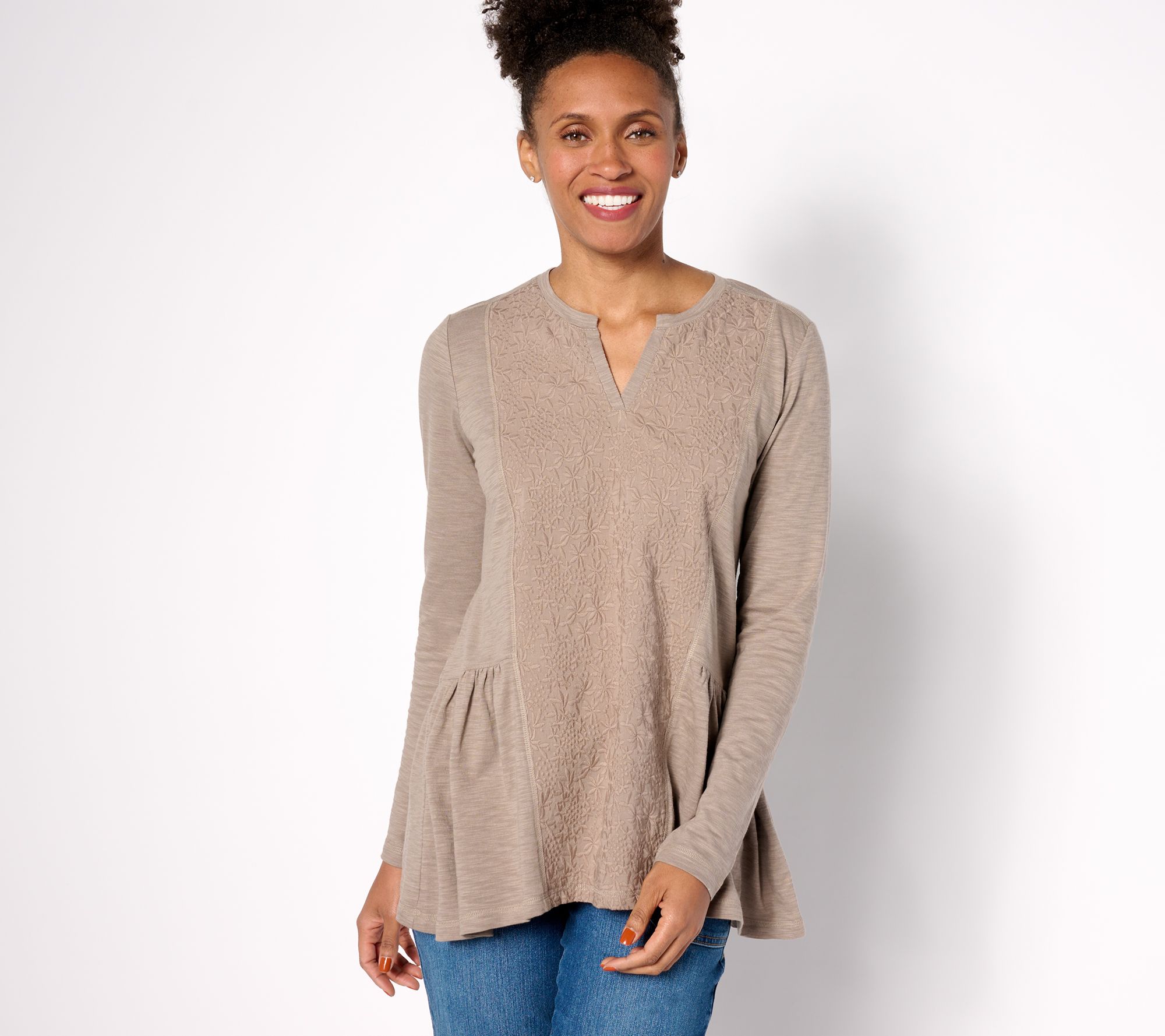 LOGO by Lori Goldstein Long Sleeve Split Neck Top with