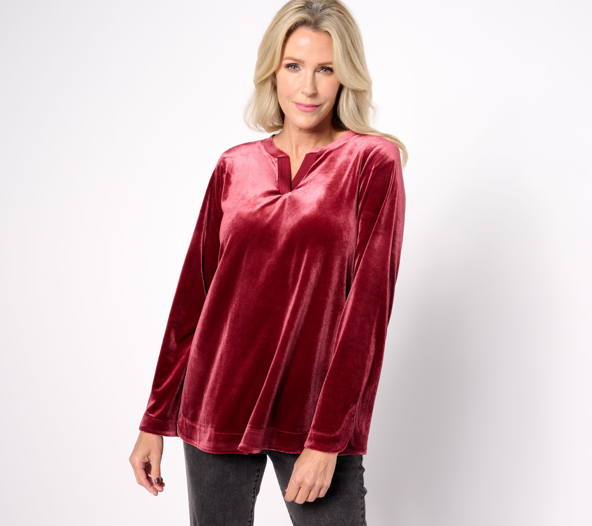 "As Is" LOGO by Lori Goldstein Knit Velvet Split Neck Pullover Top