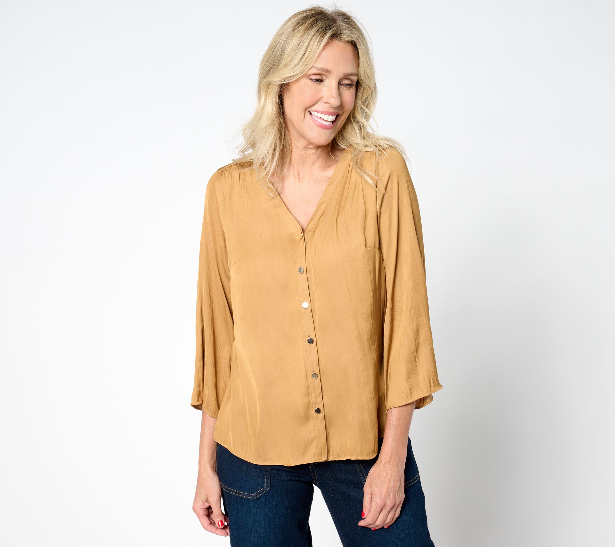 Isaac Mizrahi Live! Flowy Crinkle Satin Button Front Blouse