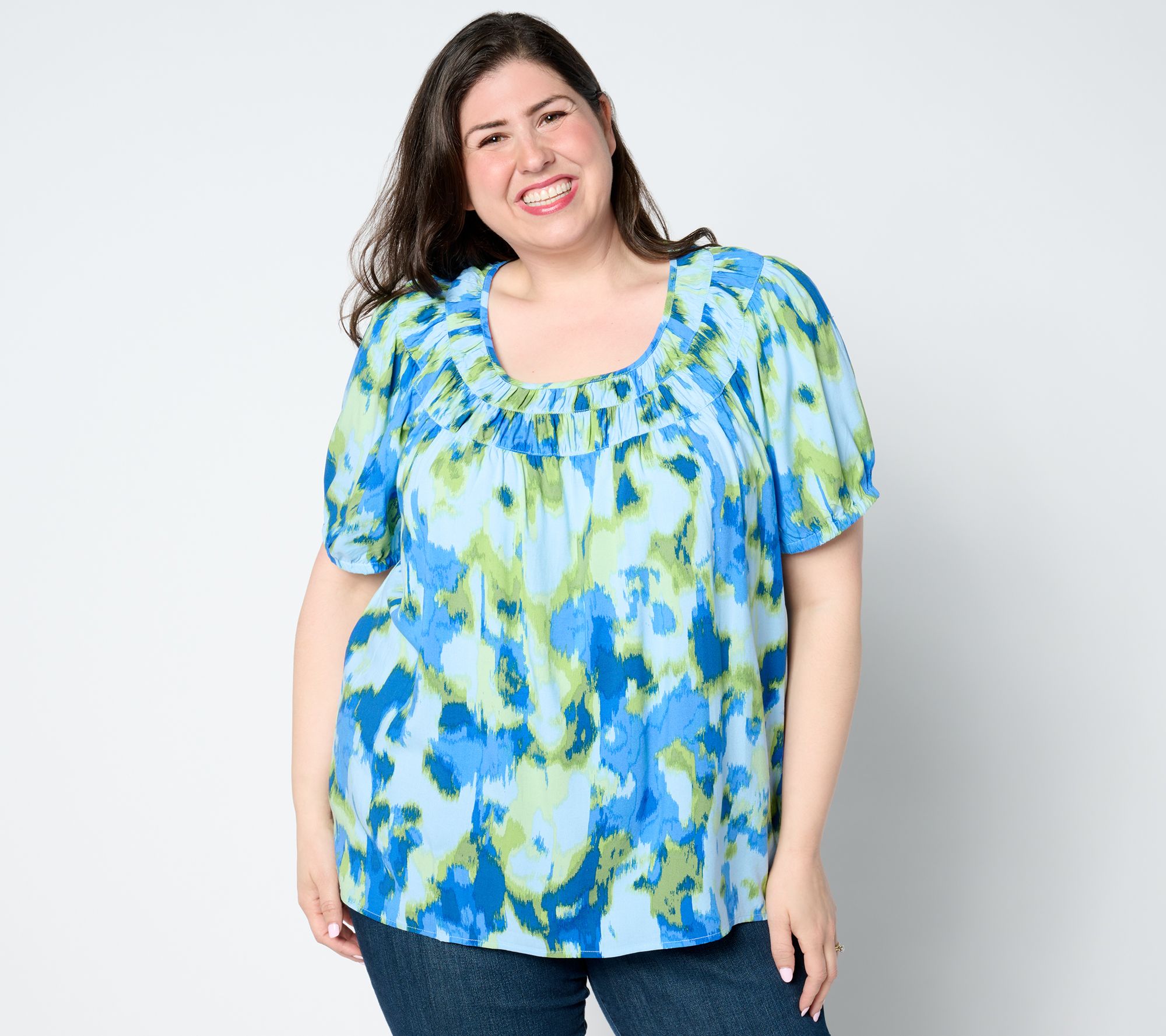 Denim & Co. Printed Short-Sleeve Blouse with Pleat Neckline
