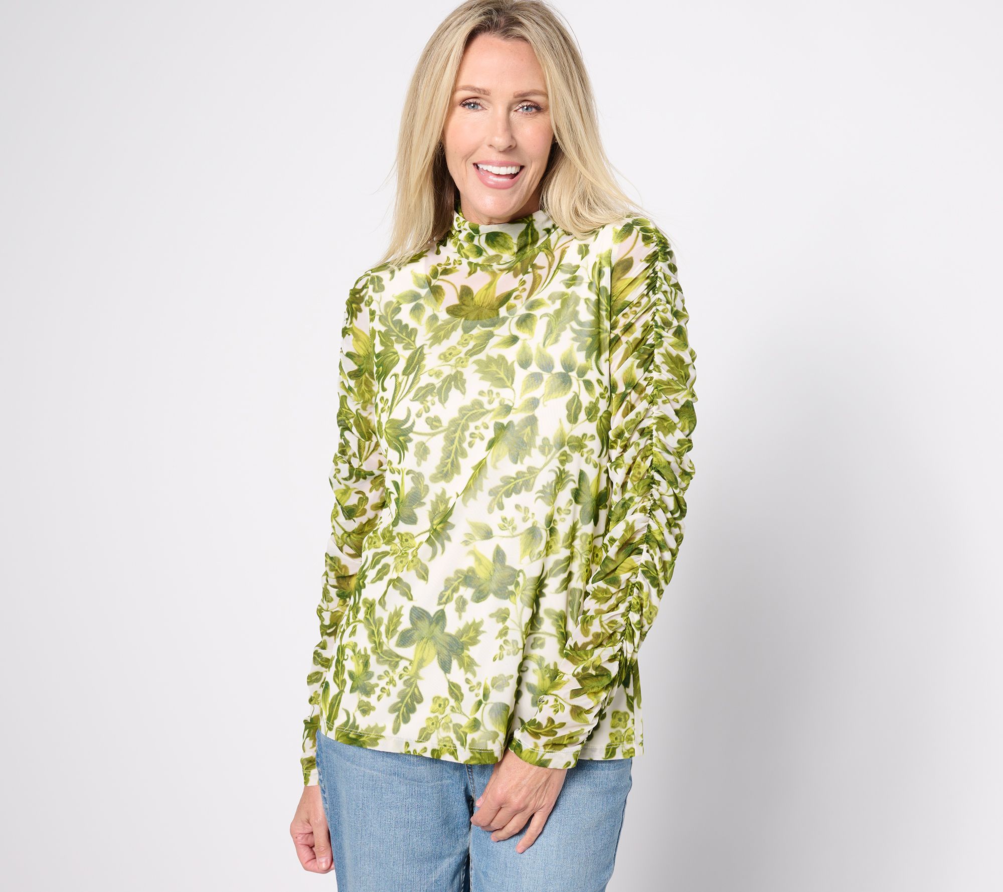 "As Is" Susan Graver Printed Mesh Ruched Mock Neck Long Sleeve Top