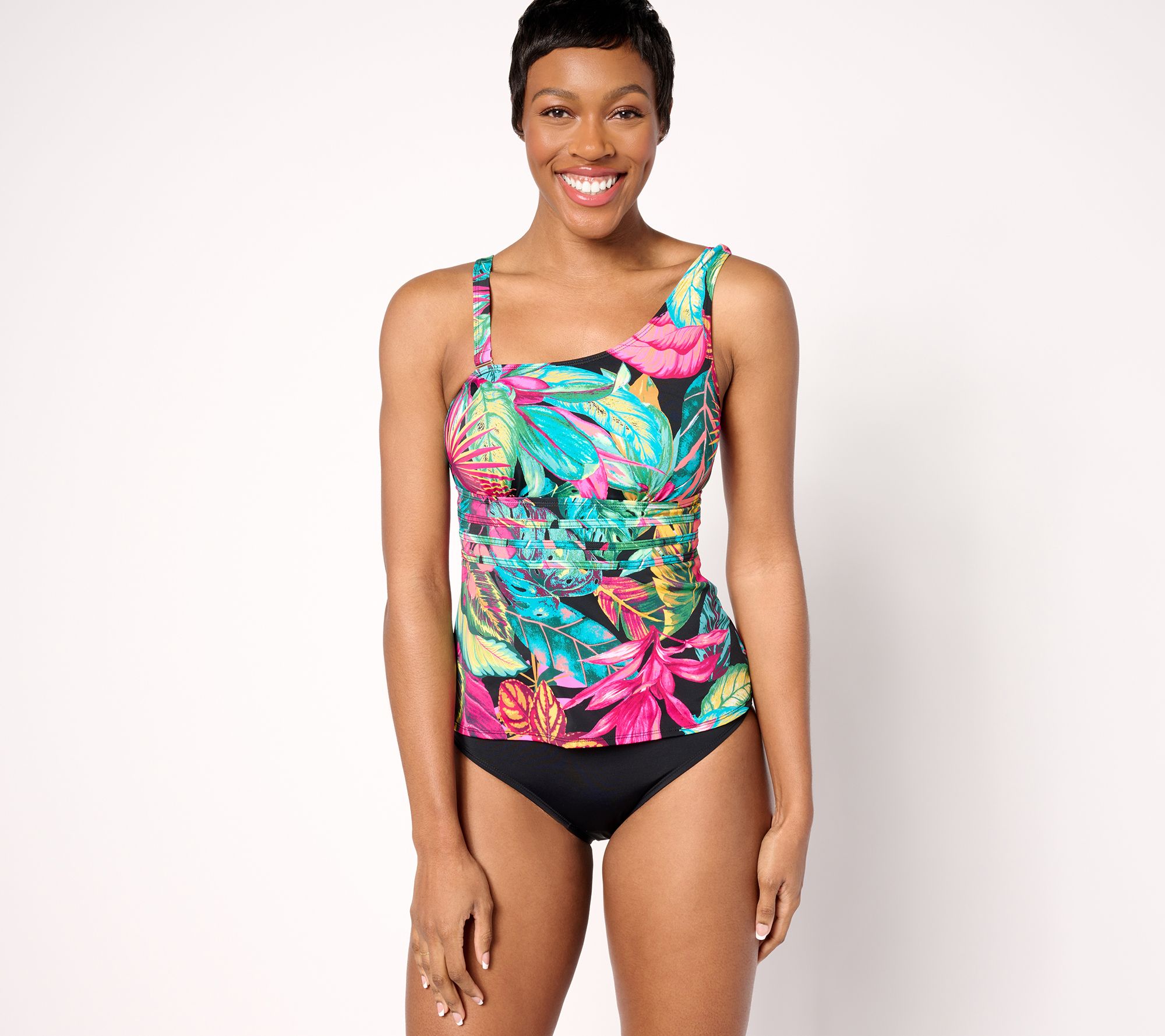 "As Is" Susan Graver Soleil One Shoulder Swimsuit with Self Trim