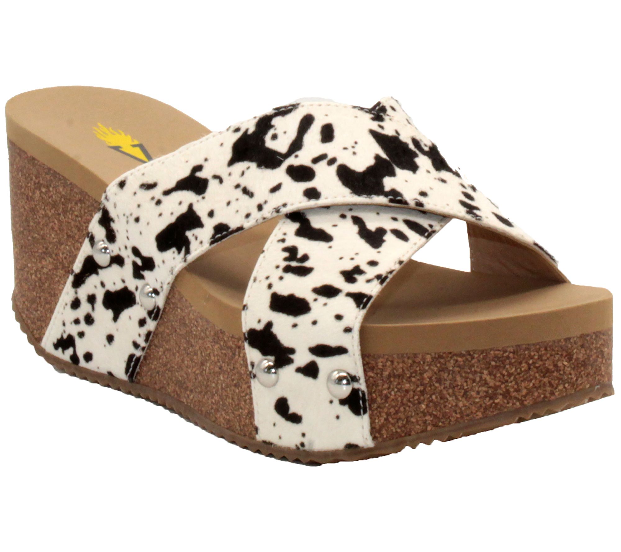 Volatile Cow Print Crisscross Wedge Slide- Rive rside