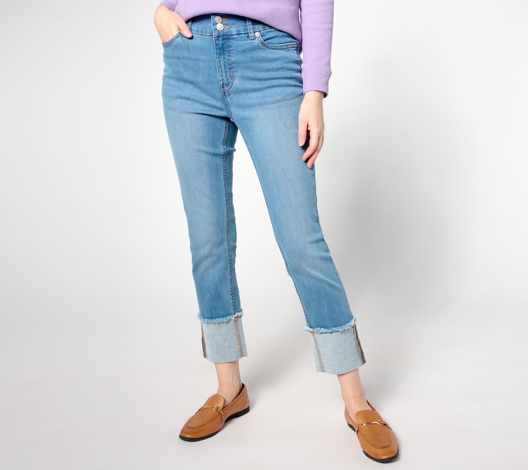 "As Is" Denim & Co. Easy Stretch Petite Straight Leg Cuffed Jean